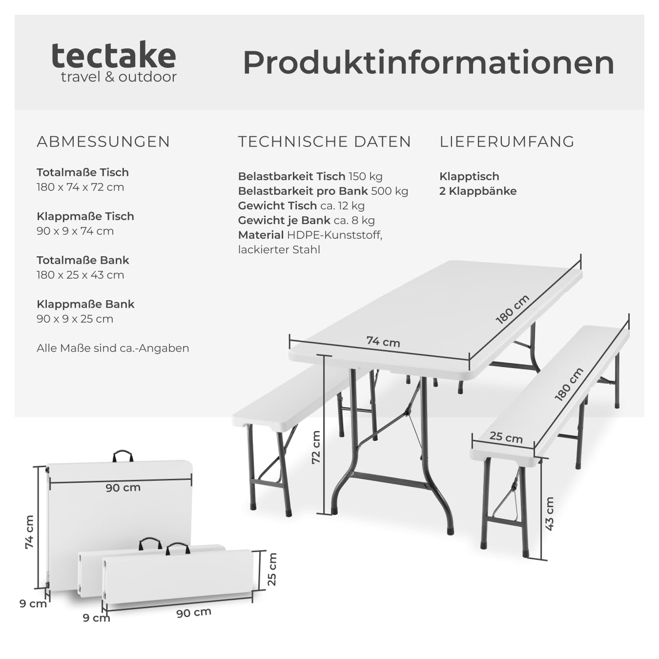 tectake® 3-teiliges Gartenmöbel Set, klappbarer Campingtisch mit 2X Bierbank, Balkonmöbel, Garten oder Terrassentisch Set, Bierzeltgarnitur, mit Tragegriffen, 180cm lang (weiß)