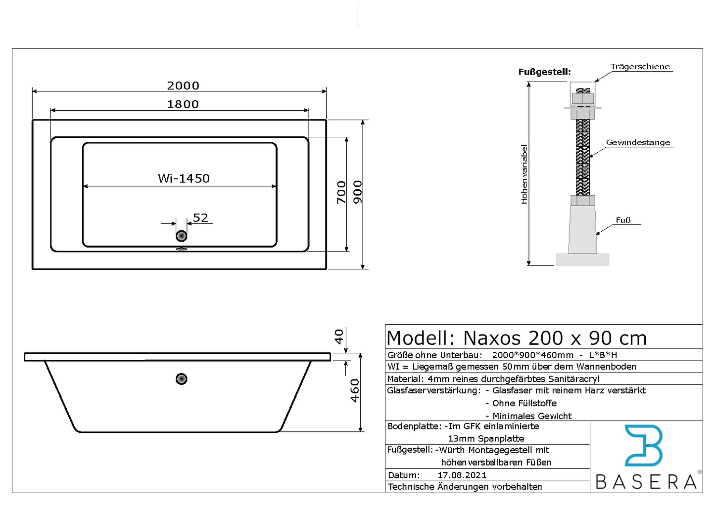 Basera® Classic Indoor Whirlpool Badewanne Naxos mit 24 Massagedüsen, Wasserfall, LED-Ambiente, Touchpanel, Bluetooth und Radio (180 x 90 x 62 cm)
