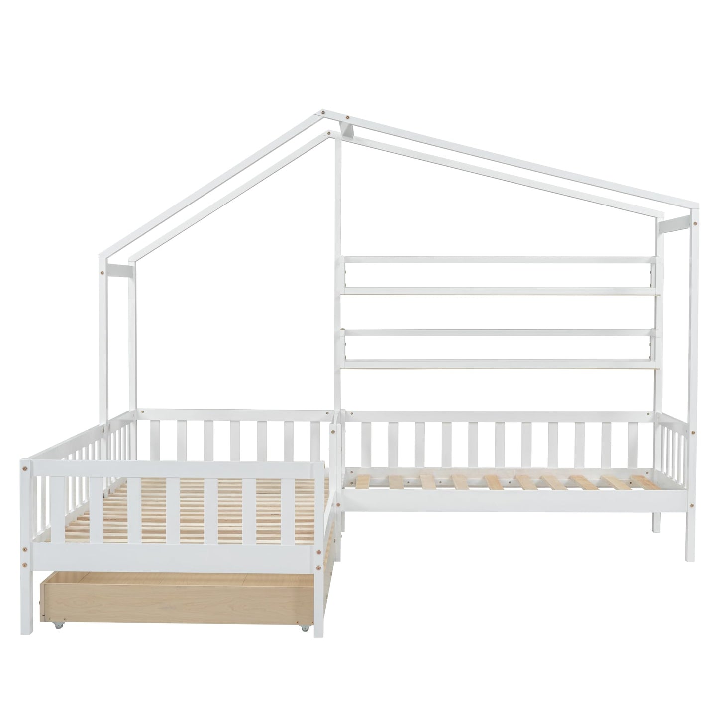 Merax Hausbett 90x200 cm mit 2 Schubladen, für 2 Kinder Doppelbett, Vielseitiges Holz Baumhausbett für Mädchen & Jungen, Stabil Spielbett Gitterbett mit Rausfallschutz und Lattenrost, Weiß