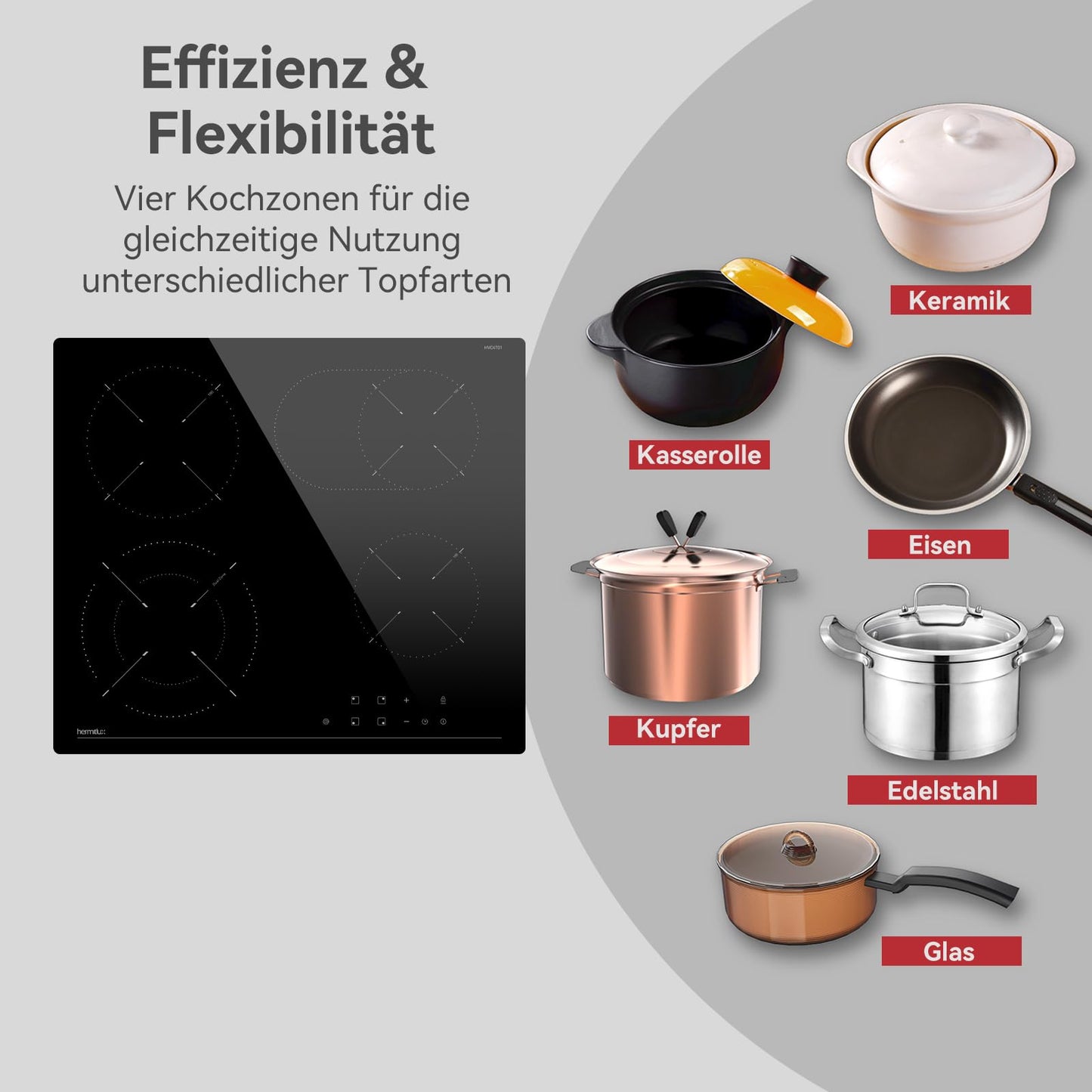 Hermitlux kochfeld 28,8cm, Glaskeramik Kochfeld 2 Platten, 9 Leistungsstufen, Touch-Steuerung, Timer, Kindersicherung, Geeignet für Alle Töpfe, 3300W