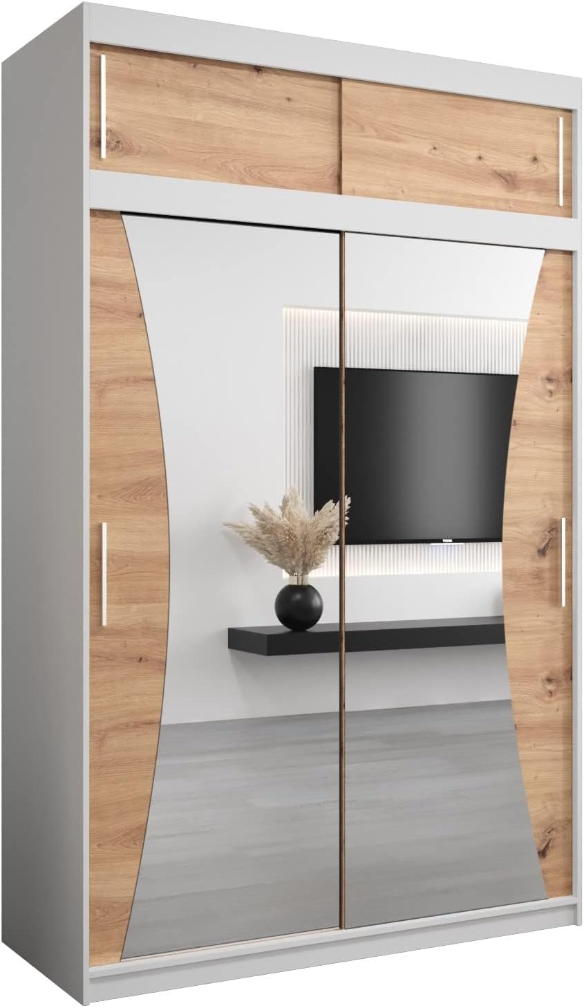 MEBLE KRYSPOL Kleiderschrank mit Spiegel Monaco - Garderobenschrank - Schrank Schlafzimmer - Mehrzweckschrank DREI Schiebetüren - Regalen - Flur Möbel - Kleiderstange Schrank - Allzweckschrank