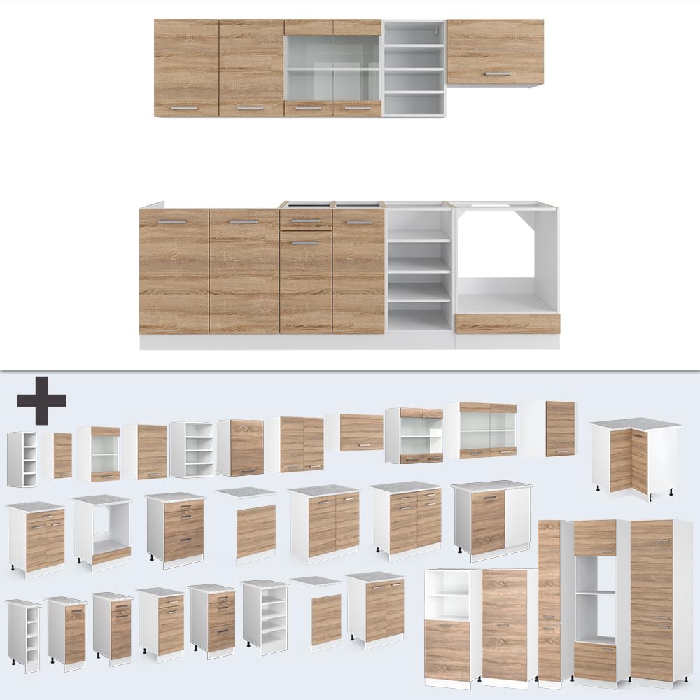 Vicco Küchenzeile R-Line, Küchenblock, Blau-Grau/Weiß, 240 cm ohne Arbeitsplatte