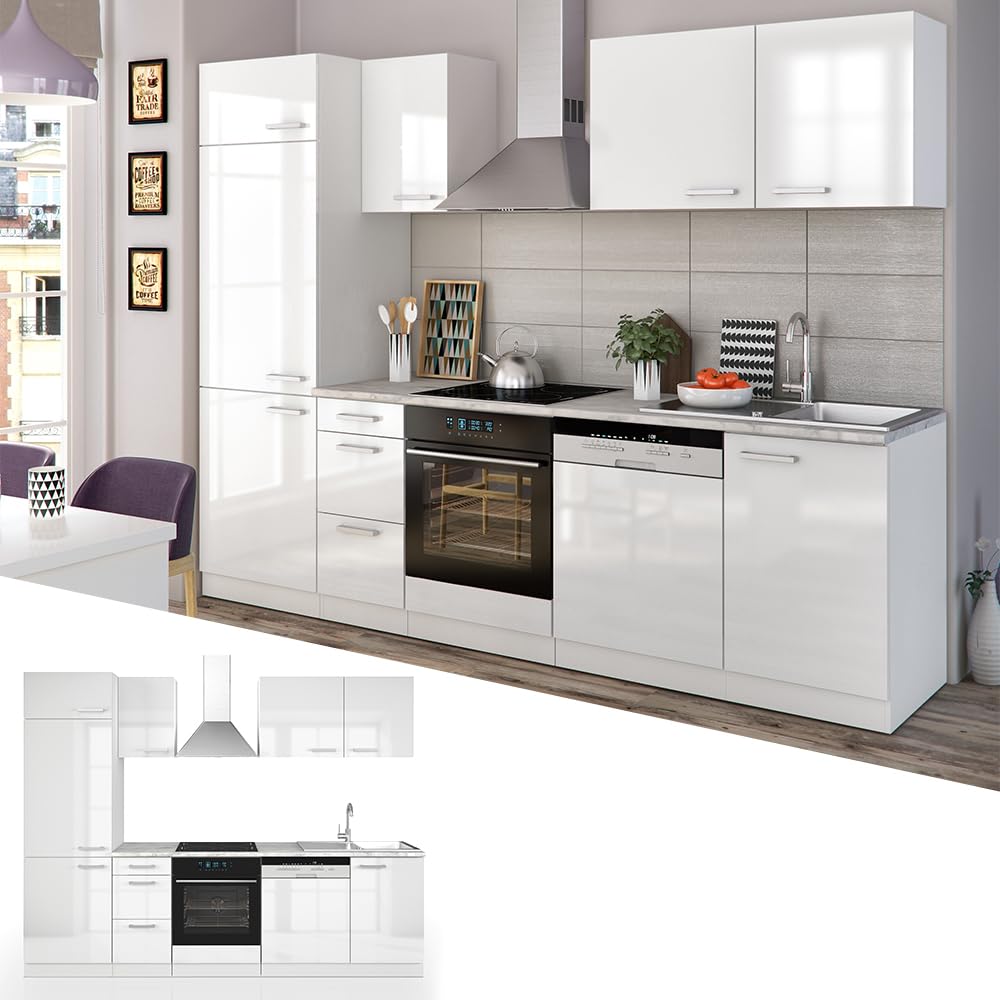 Vicco Küchenzeile Optima, Weiß Hochglanz/Weiß, 270 cm ohne Arbeitsplatte