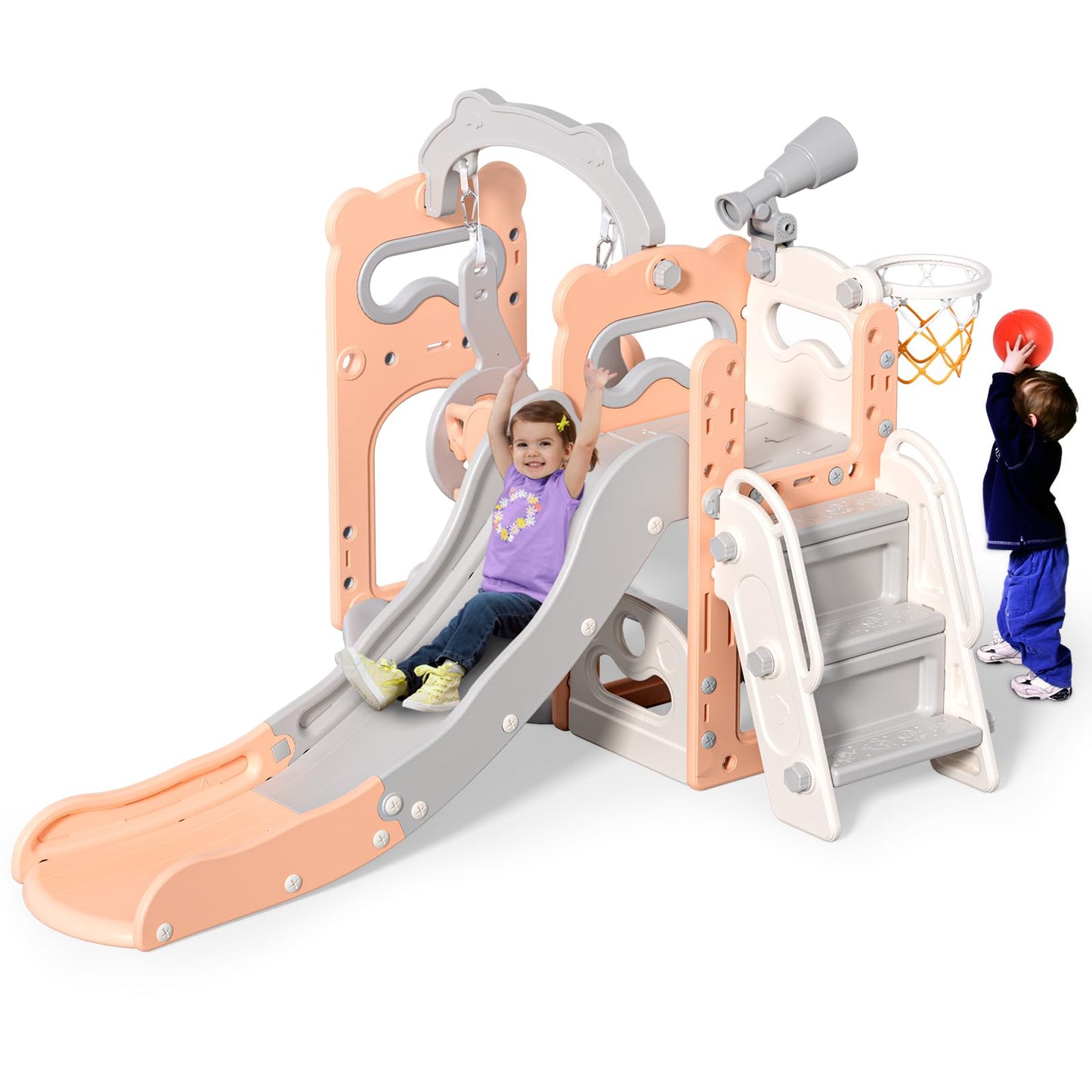 Krovtoy Kleinkindrutsche mit Weihnachtselch-Motiv, freistehende Kleinkindrutsche mit Golf-Set, Babyrutsche, Spielplatzgerät, für den Innen- und Außenbereich (Grau Beige - 6 in 1)