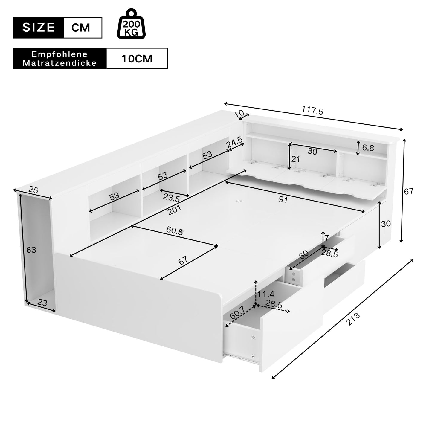 Children's Bed 90 x 200 cm, Wooden Bed with Drawers and Board, Headboard with Bookshelf and Fall Protection, Bed with Slatted Frame and Storage Space, Teenager's Bed, Functional Bed, Wooden Bed Frame,