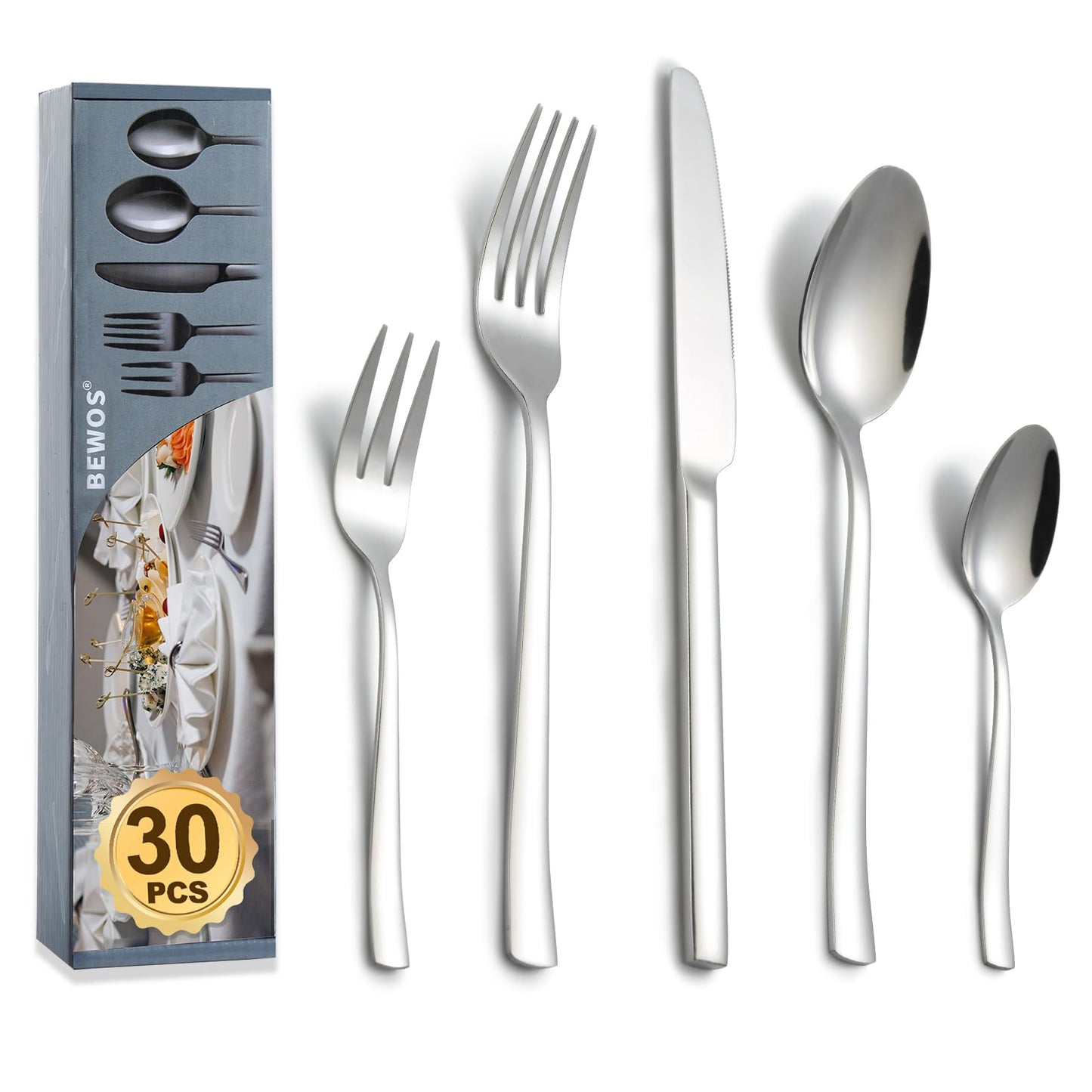 BEWOS Besteckset für 6 Personen, 30-teiliges Besteckset aus Edelstahl, Besteckset aus Silber, inklusive Messer, Gabeln und Löffel, hochglanzpoliert und spülmaschinenfest