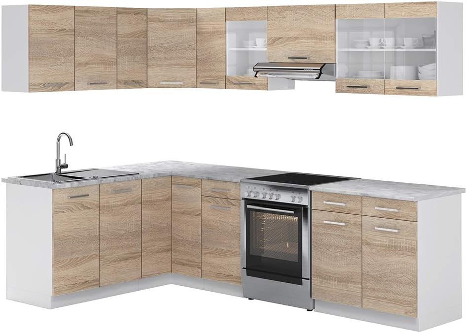 Vicco Kitchen Unit L 210 cm Kitchen Block Angle Corner Built-in Sonoma Oak - Freely Combinable Units - R-Line