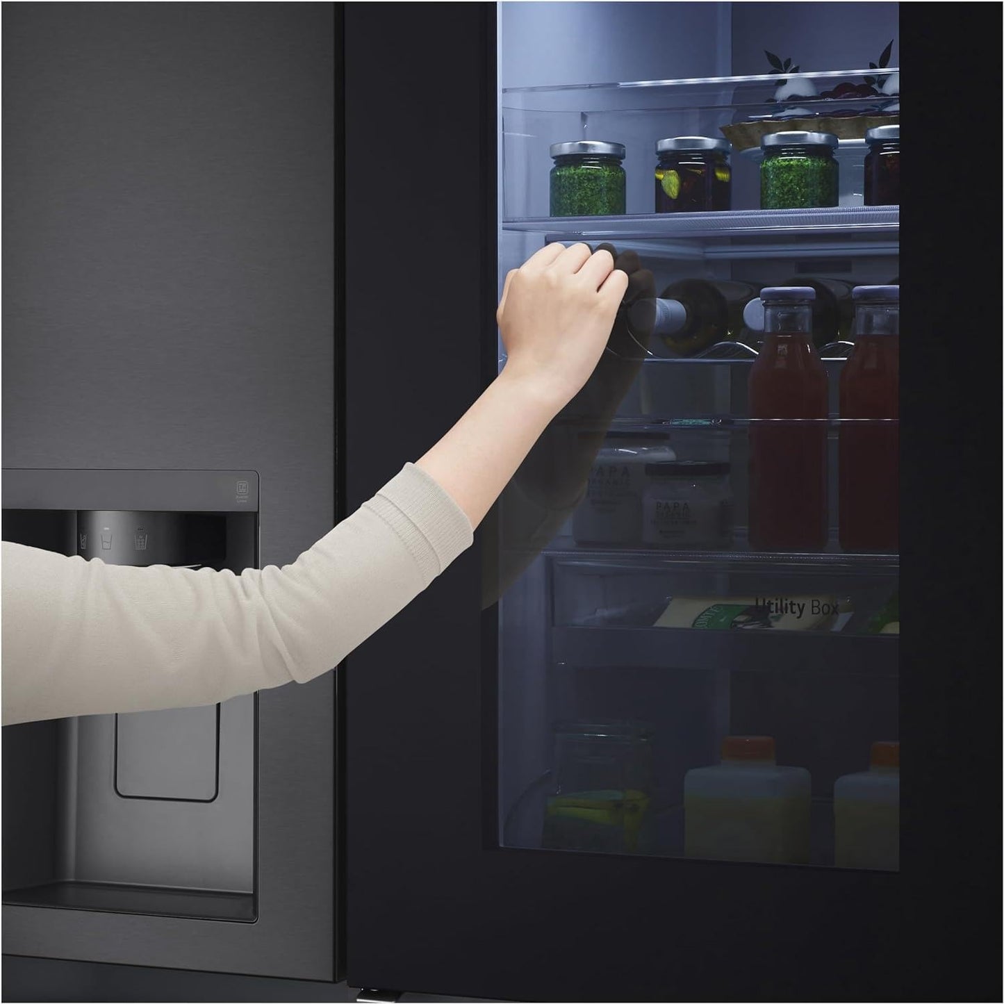 LG GSXE90MBDD Side by Side Kühlschrank mit InstaView Craft Ice | Door in Door | Crushed Ice -und Wasserspender EEK: Klasse D | 628 Liter Kapazität | Festwasseranschluss | Total No Frost