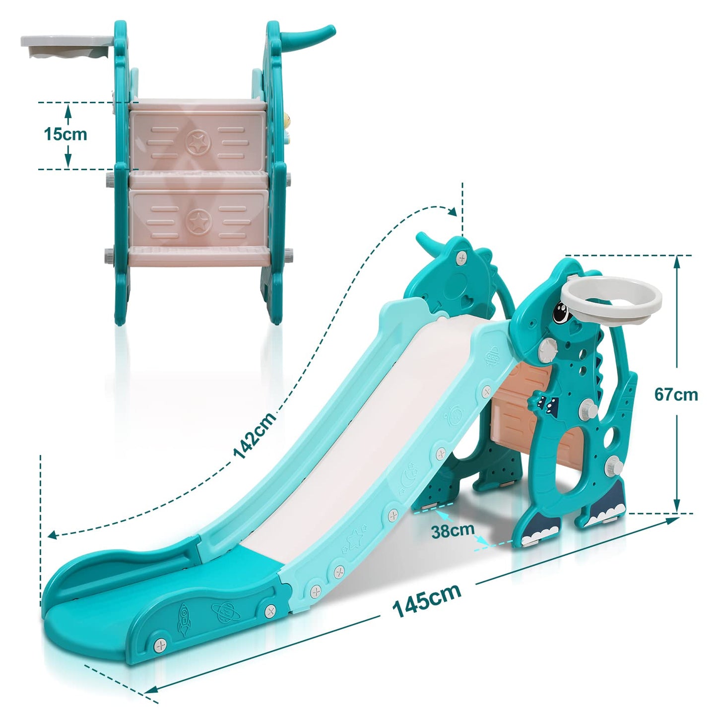 Joparri Children's Slide Foldable Children's Slide Stable Garden Slide with Basketball Hoop and Armrests, Children's Fun Slide with English Early Education Device, Indoor and Outdoor Toddler Slide,