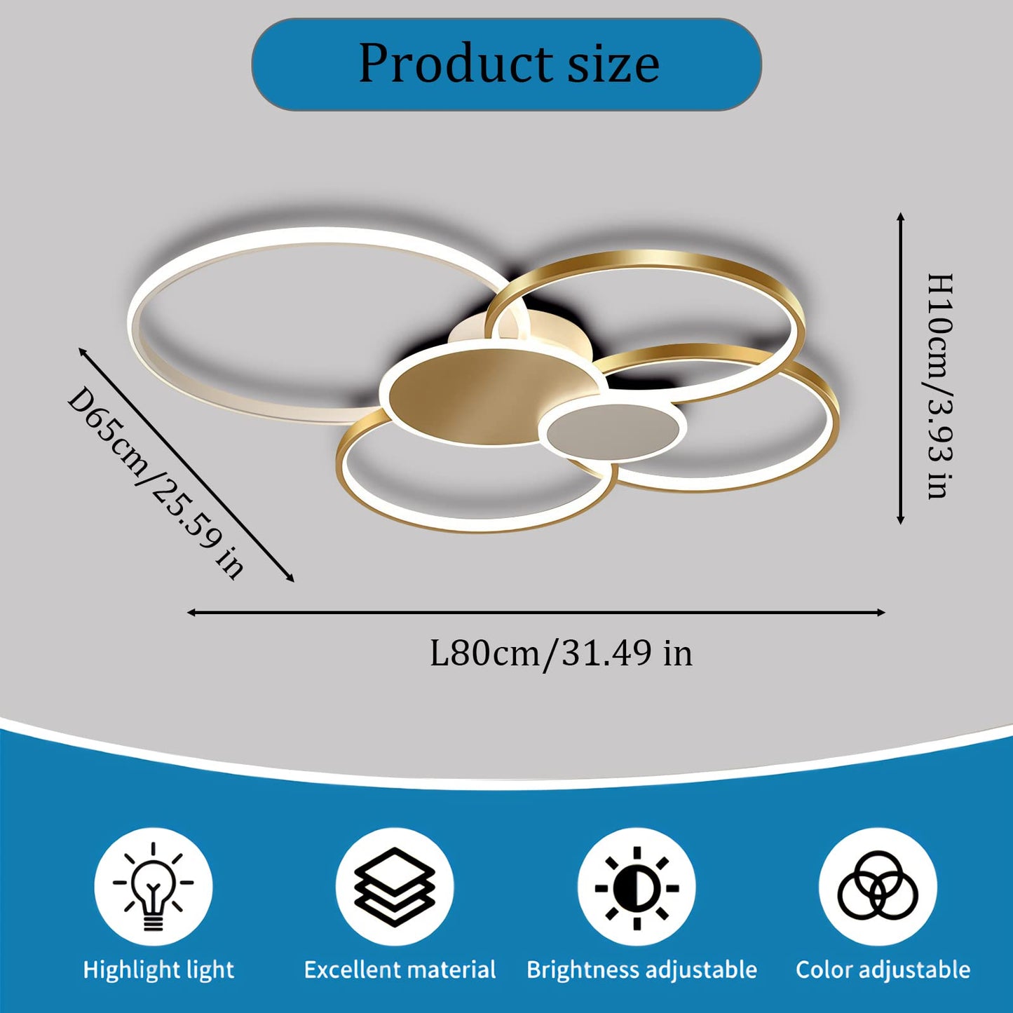 WERSVG L80cm Modern LED Deckenleuchte Wohnzimmer Deckenlampe gold 6-Ring Deckenleuchte 70W 5600LM Dimmbar 3500K - 6500KMit Fernbedienung flurlampe decke, für Wohnzimmer Schlafzimmer Küche Esszimmer