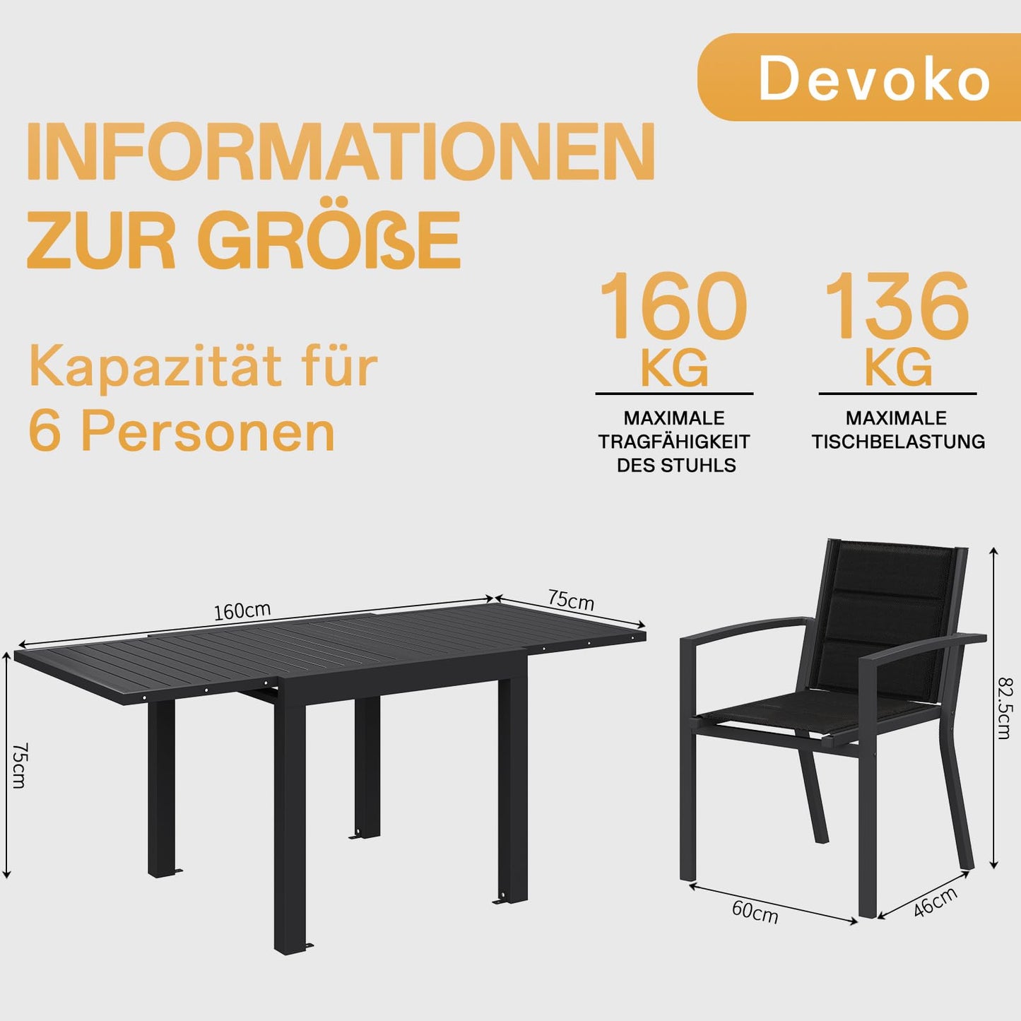 Devoko Garden Furniture Set for 8 People, 8 + 1 Aluminium Table and Chairs Set, Balcony Furniture, 8 Stackable Garden Chairs and 1 130/260 cm Stretchy Garden Table, Patio Furniture Sets Outdoor