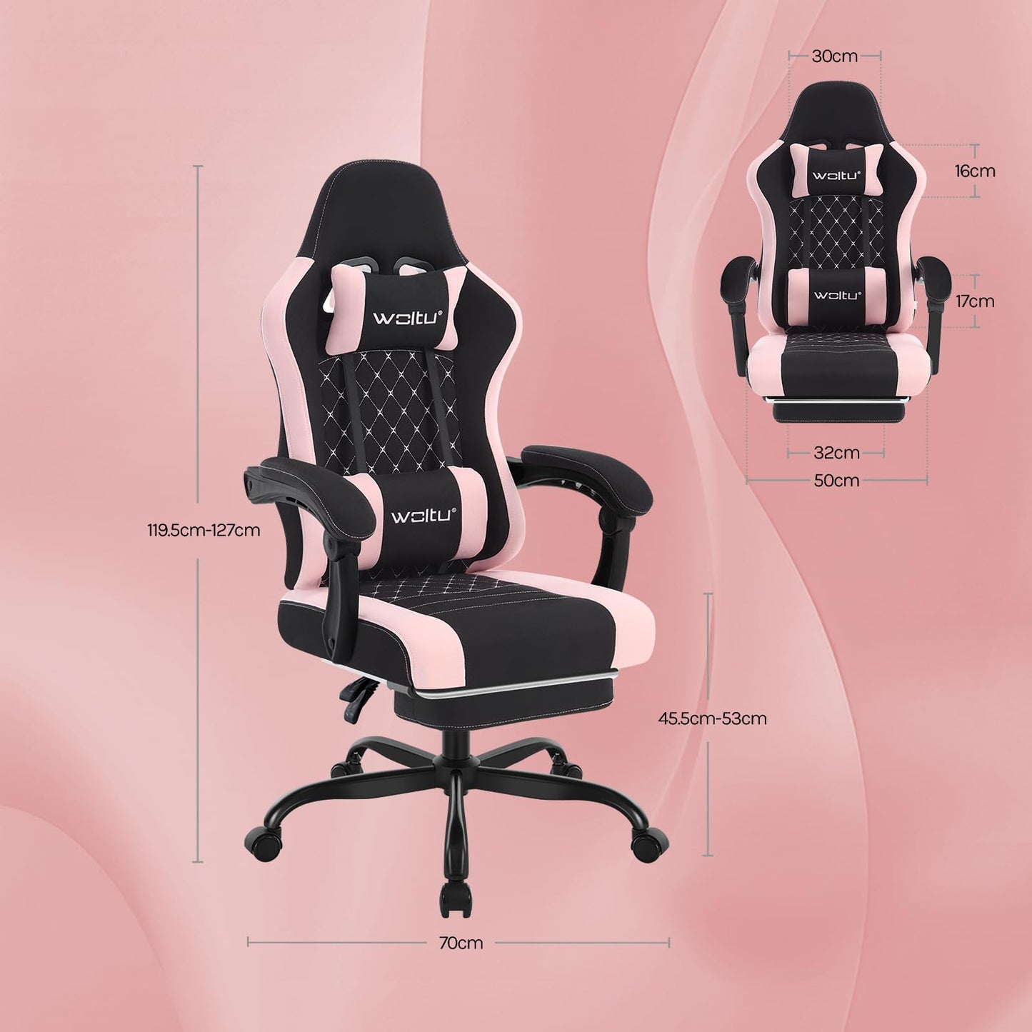 WOLTU Gaming Stuhl mit Massagefunktion, Computerstuhl Ergonomisch, Taschenfederkissen, Lendenmassage, Kopfkissen, Fußstütze, Drehstuhl, 150 kg, Netzstoff, Rosa+Weiß
