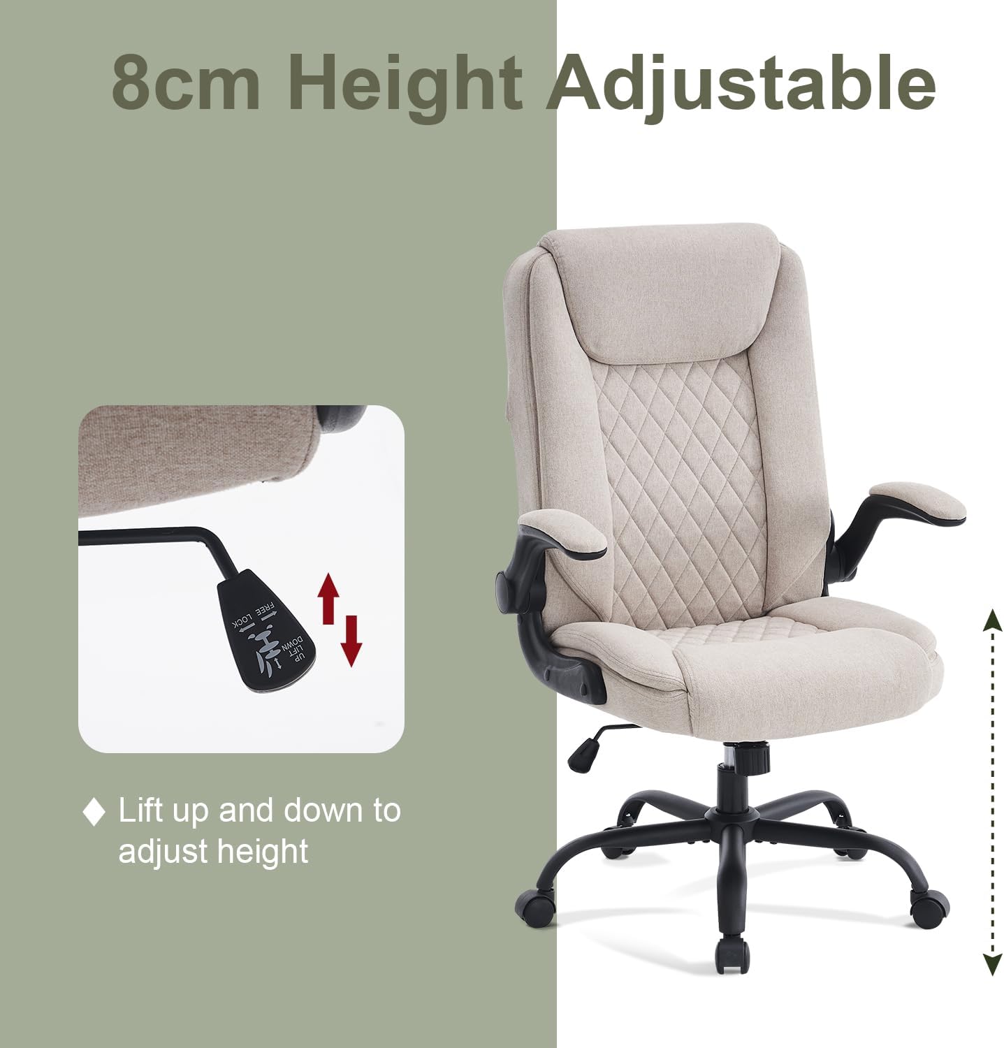 CASTLOVE Bürostuhl Ergonomisch Schreibtischstuhl Chefsessel Mit Gepolsterten Armlehnen Klappbar, H?henverstellung, Wippfunktion und Kopfstütze Bequem für Home-Office Bürostuhl 150kg Beige Stoff