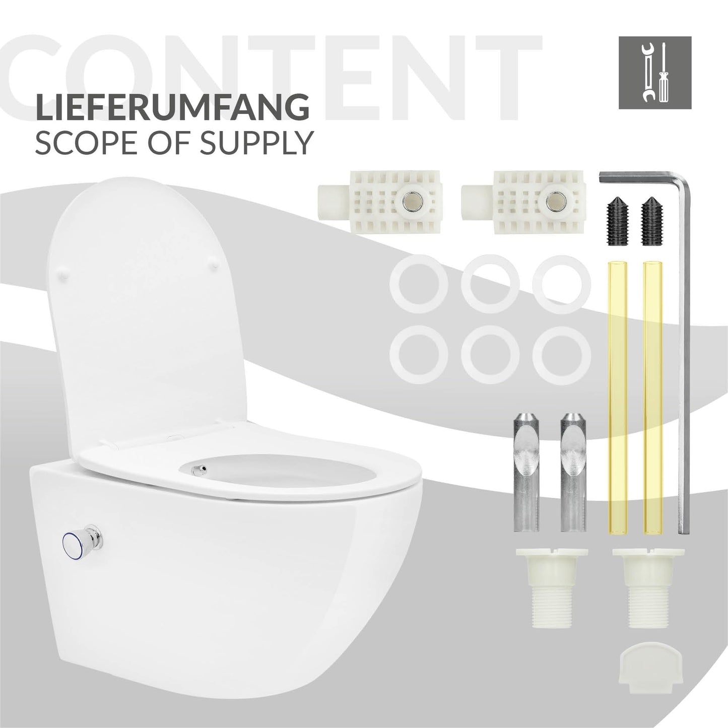 LuxeBath Wall-Mounted Toilet Rimless with Bidet Function, White, Deep Washdown Ceramic Hanging Toilet, Long 53.5 cm, Shower Toilet Nano Coating, Tornado Flush, Shiny Toilet Bowl Hanging with Toilet