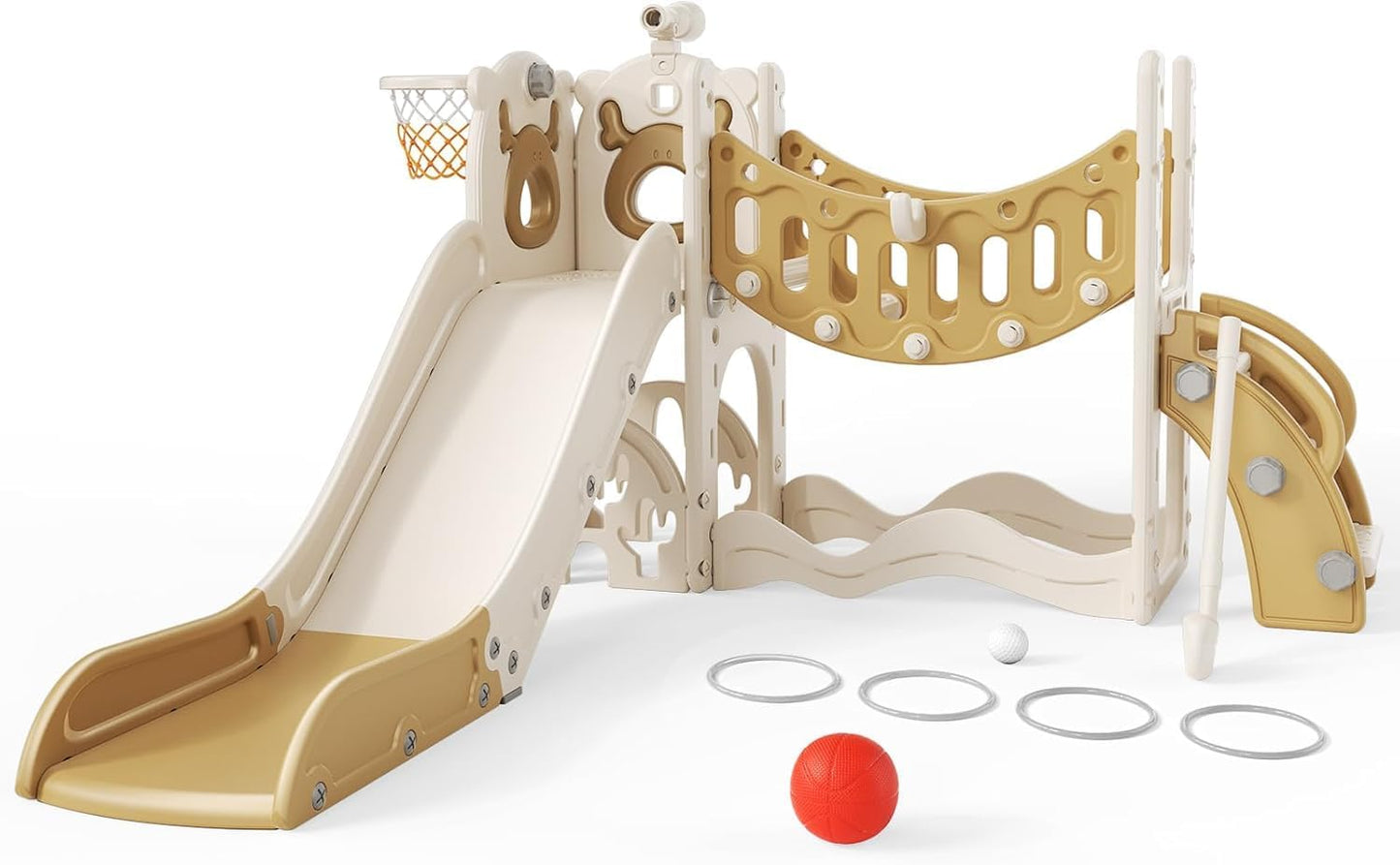 Children's Slide, Large Toddler Slide with Basketball Hoop, Climbing Frame for the Garden, Telescope, Storage Space, for 1-3 Years, Extra Long 1700 mm (7-in-1 Elk Slide Active Model (Khaki)))