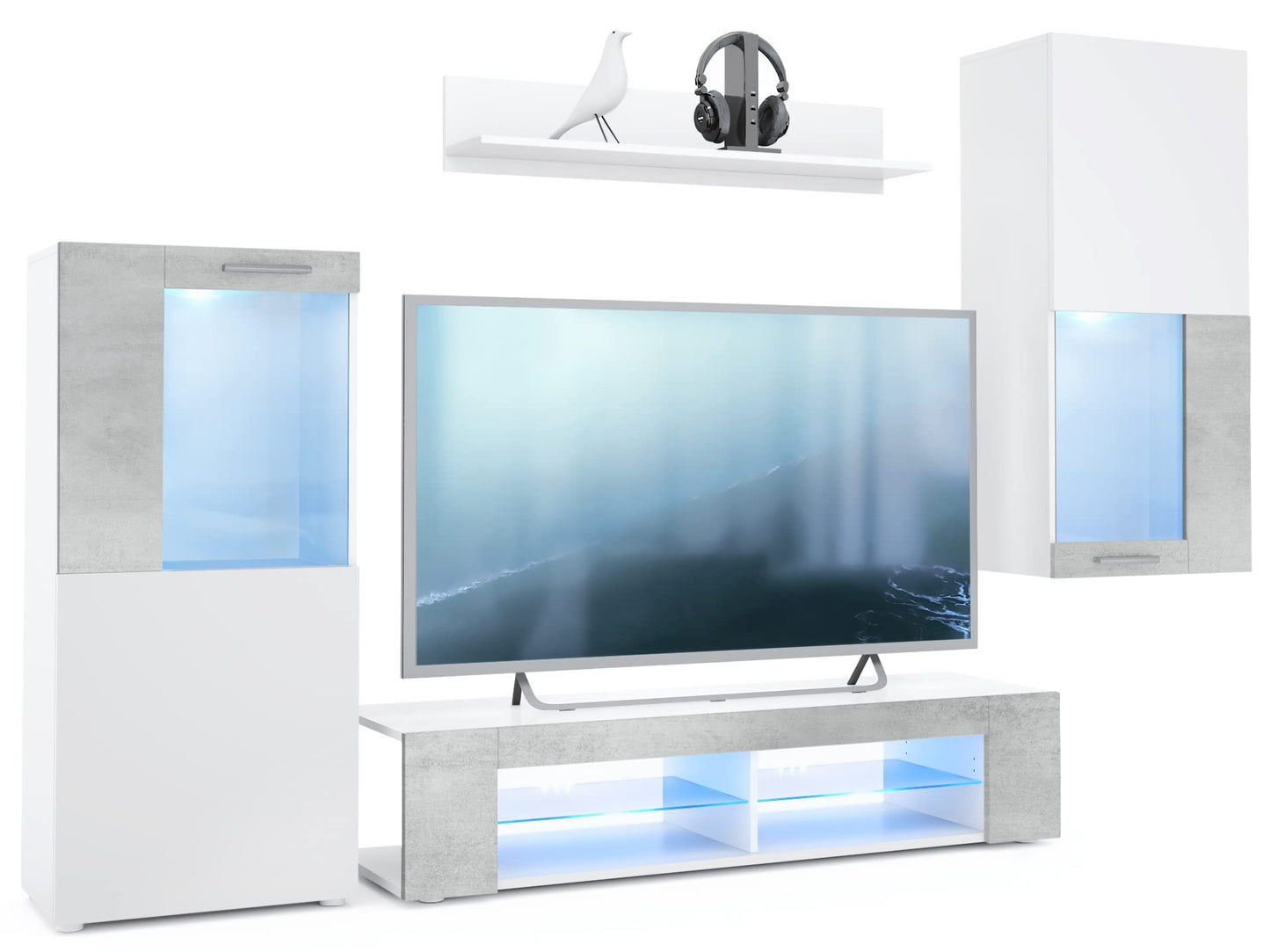Vladon Wohnwand Movie, Anbauwand bestehend aus 1 TV-Board, 2 Vitrinen und 1 Regal, Weiß matt/Weiß matt/Weiß Hochglanz (Gesamt: 300 x 190 x 39 cm)