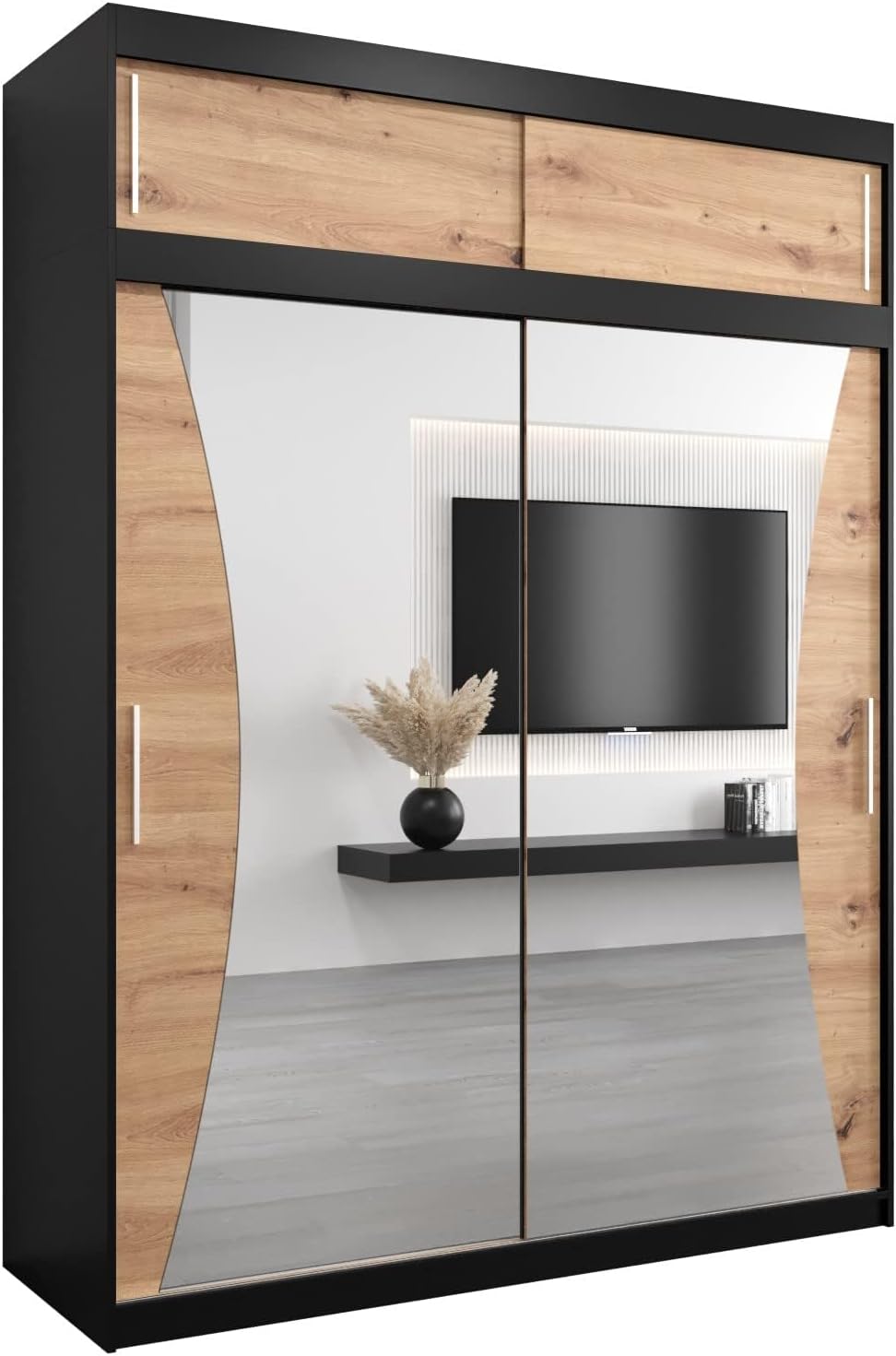 MEBLE KRYSPOL Kleiderschrank mit Spiegel Monaco - Garderobenschrank - Schrank Schlafzimmer - Mehrzweckschrank DREI Schiebetüren - Regalen - Flur Möbel - Kleiderstange Schrank - Allzweckschrank