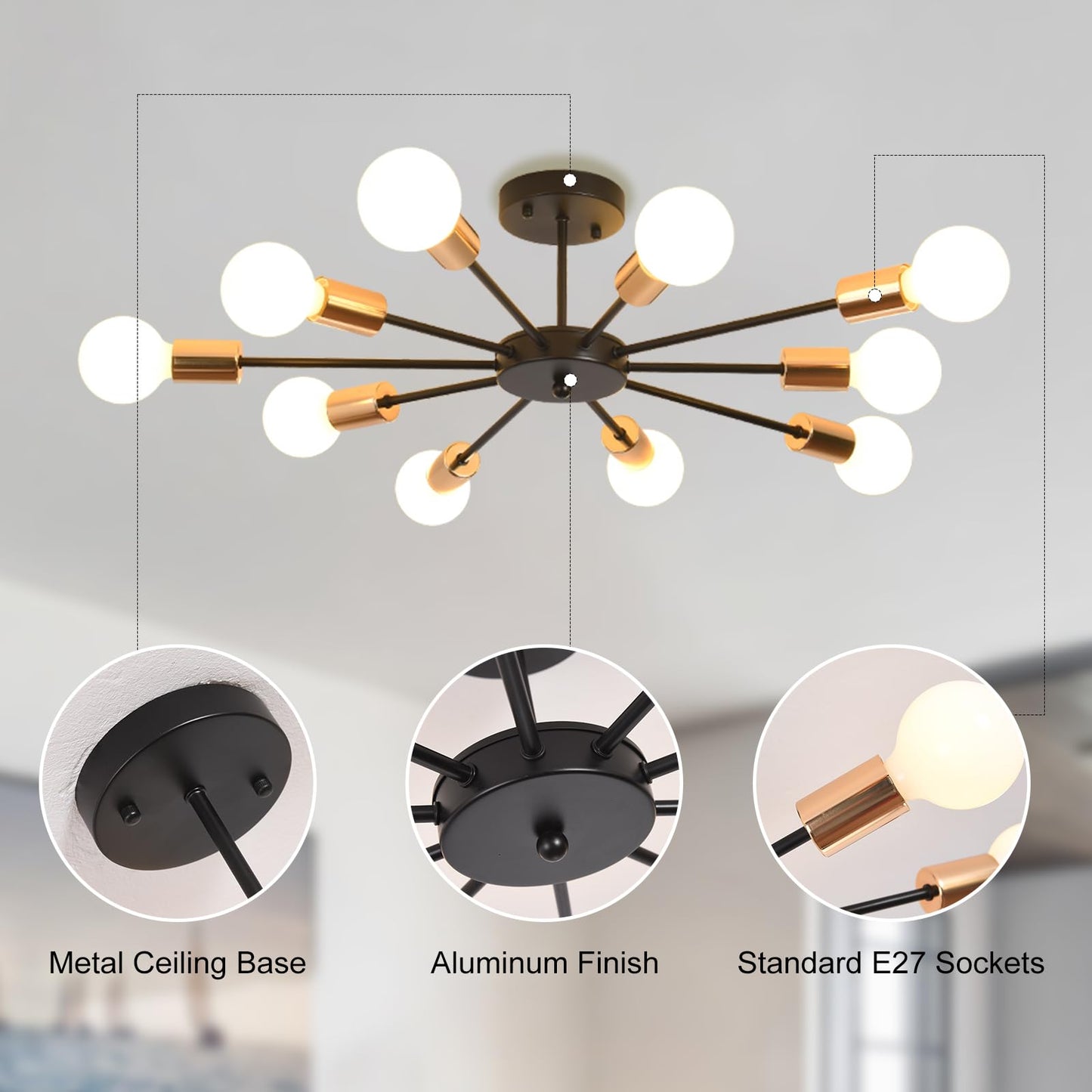 JIINOO 10 Lights Modern Chandelier Ceiling Light Gold Industrial Ceiling Lamp Medieval Semi Flush Mount Chandelier Ceiling Light for Kitchen Dining Room Living Room Bedroom Lighting