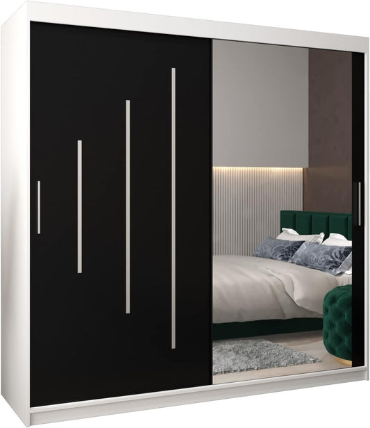 MEBLE KRYSPOL Kleiderschrank mit Spiegel York 2 - Garderobenschrank - Schrank Schlafzimmer - Mehrzweckschrank Zwei Schiebetüren - Regalen - Flur Möbel - Kleiderstange Schrank - Allzweckschrank