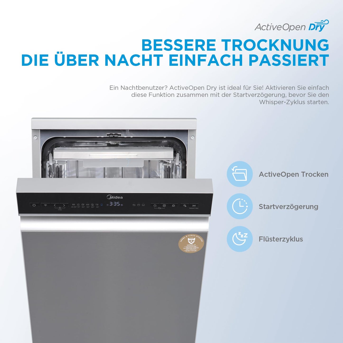 Midea MDWEU1435XSS-W Dishwasher, Integrated, 14 Place Settings, 60 cm, Partially Integrated with WiFi, Extra Drying, 7 Programmes, 47 dB, 0-24 Hours Start Time Delay, Stainless Steel