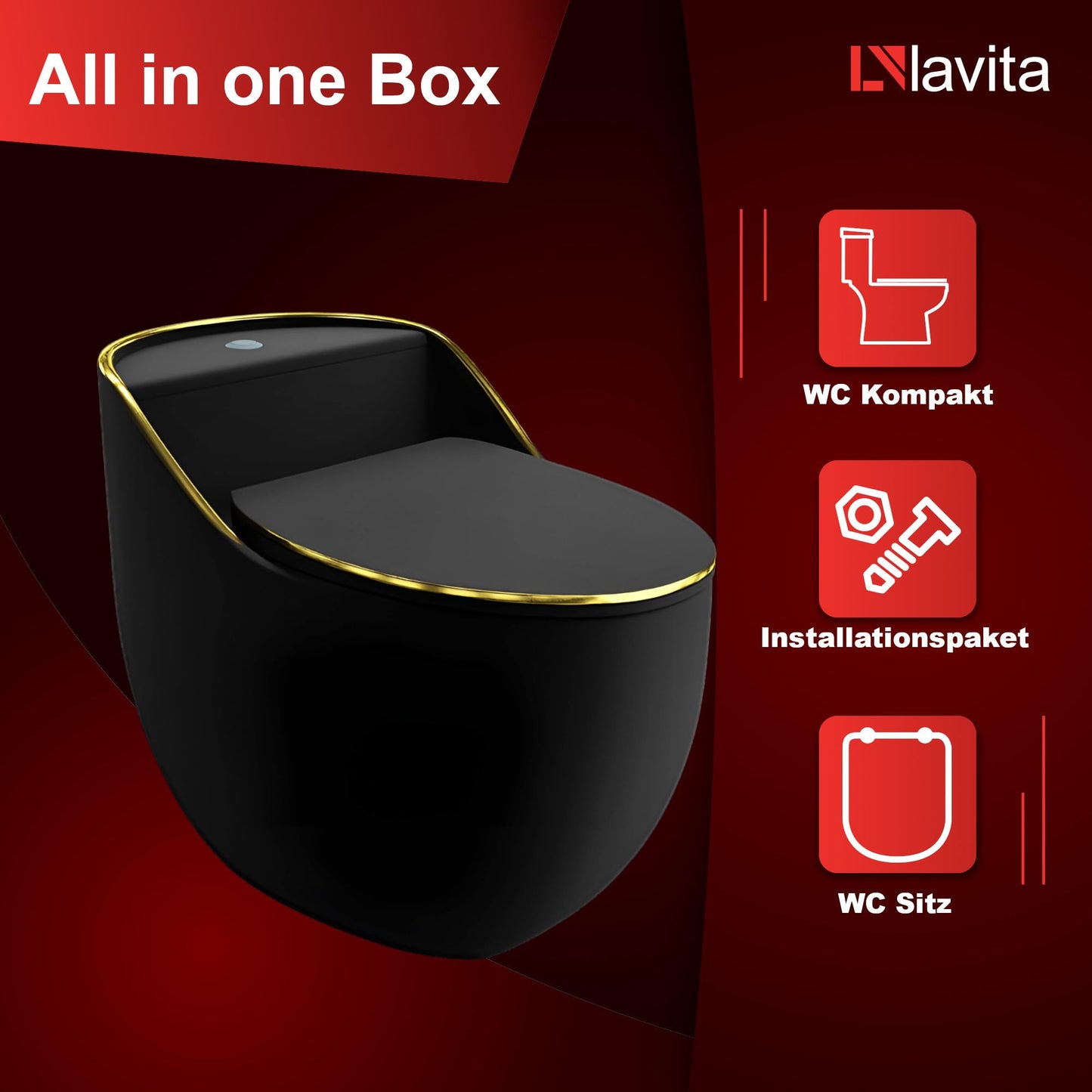 LAVITA Einteilige Stand-WC Mit Eingebautem Spülkasten SILIA RIM BLACK/GOLD LINE | Deckel Mit Absenkautomatik | Keramik Toilette Spülrandlos | Toilettenbecken Stehend + Anschlussstück