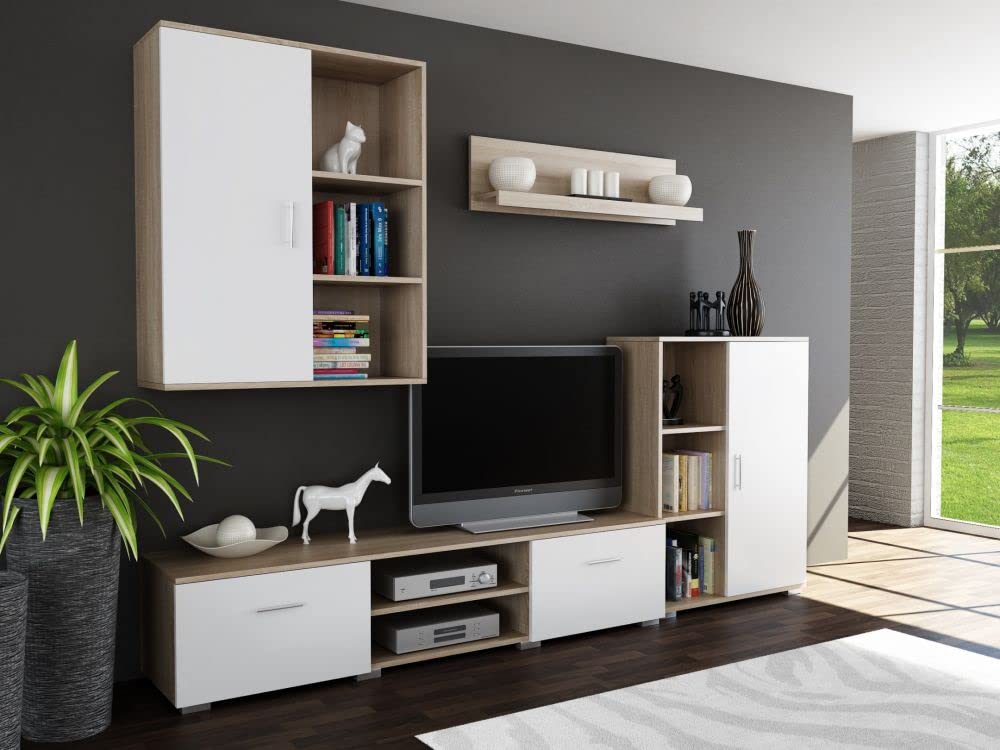 MATKAM Dedal Living Room Wall Unit Modern Living Room Cabinet with TV Table Complete Furniture (White)