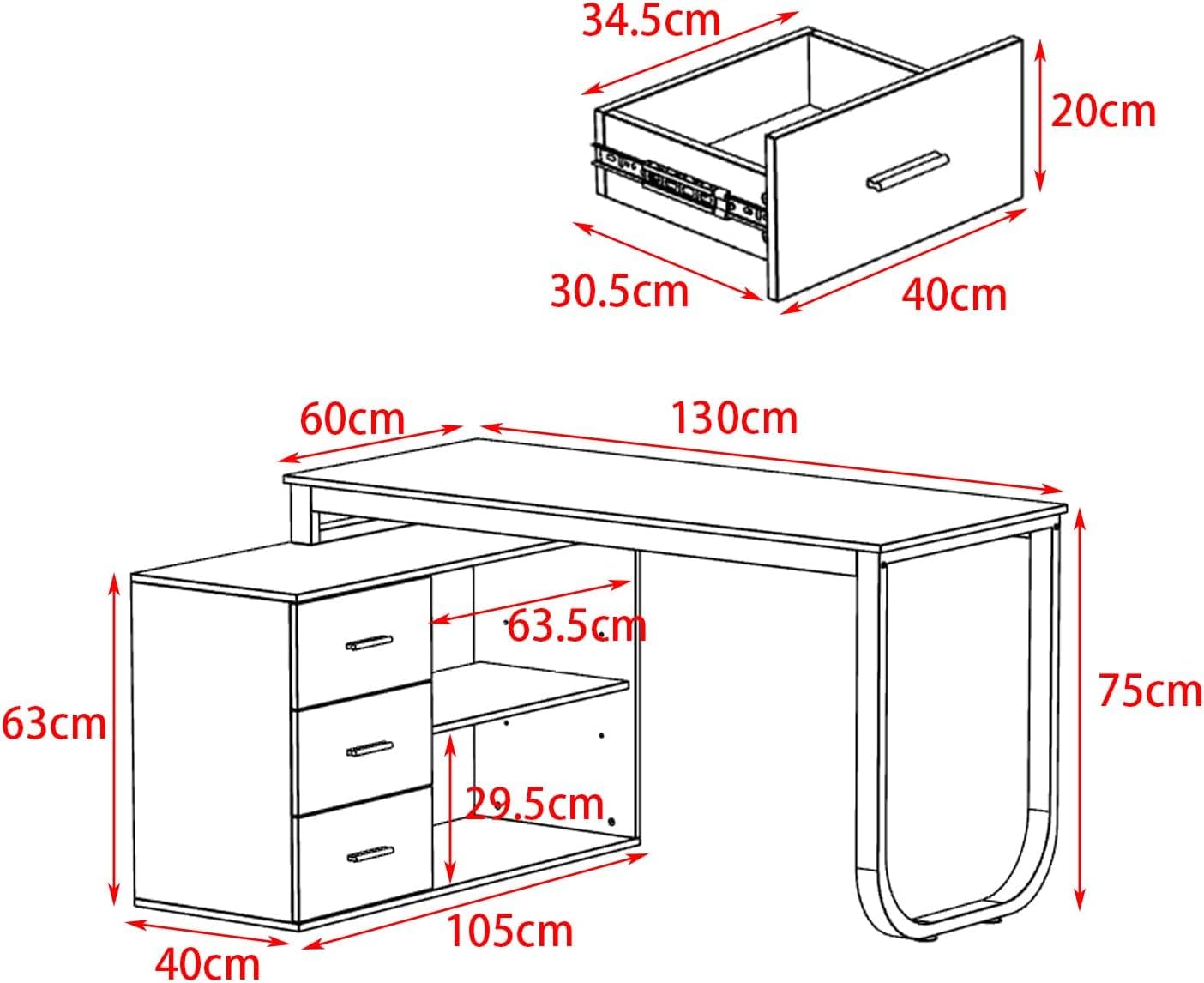 130cm Großer L Förm Schreibtisch mit 105cm Aktenschrank, Eckschreibtisch Computertisch mit 3 Schubladen & 2 Regalen, Arbeitsplatz Executive-Schreibtisch mit Lagerregal für Home Office (Schwarz)