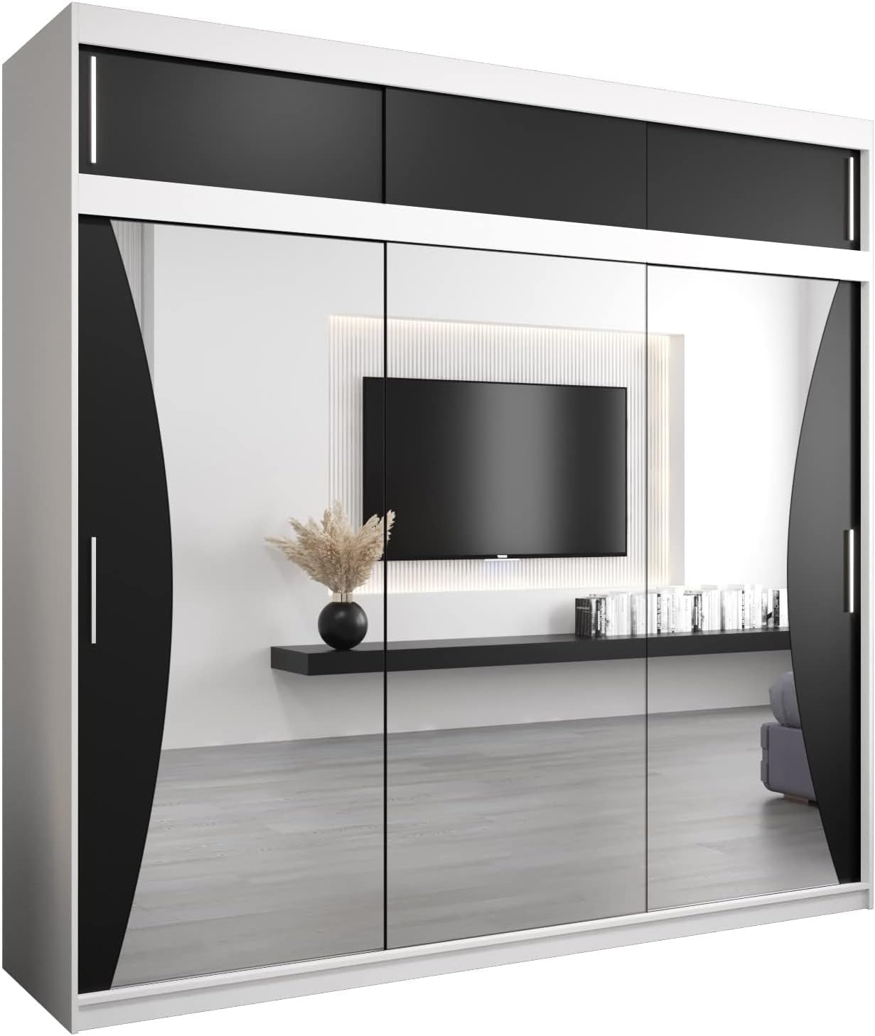 MEBLE KRYSPOL Kleiderschrank mit Spiegel Monaco - Garderobenschrank - Schrank Schlafzimmer - Mehrzweckschrank DREI Schiebetüren - Regalen - Flur Möbel - Kleiderstange Schrank - Allzweckschrank