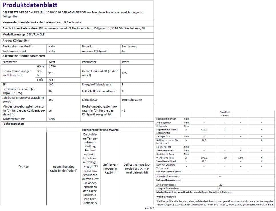 LG GSLC40PYPE Side-by-Side Kühlschrank ǀ Smart Inverter Compressor ǀ Eis- und Wasserspenderǀ Total No Frost Technologie ǀ EEK E ǀ 638 L