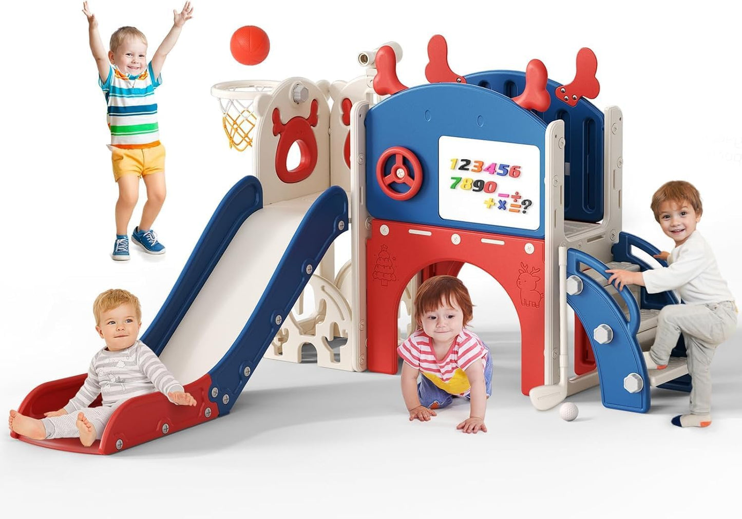 Children's Slide, Large Toddler Slide with Basketball Hoop, Climbing Frame for the Garden, Telescope, Storage Space, for 1-3 Years, Extra Long 1700 mm (7-in-1 Elk Slide Active Model (Khaki)))