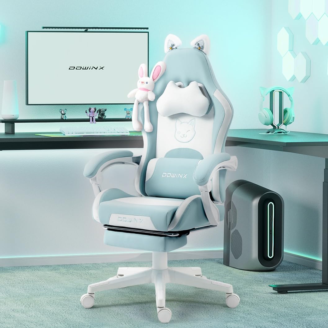 Dowinx Gaming Chair - Cute Cat Edition - Ergonomic Computer Chair with High Back and Lumbar Support, PU Leather, Footrest, Black