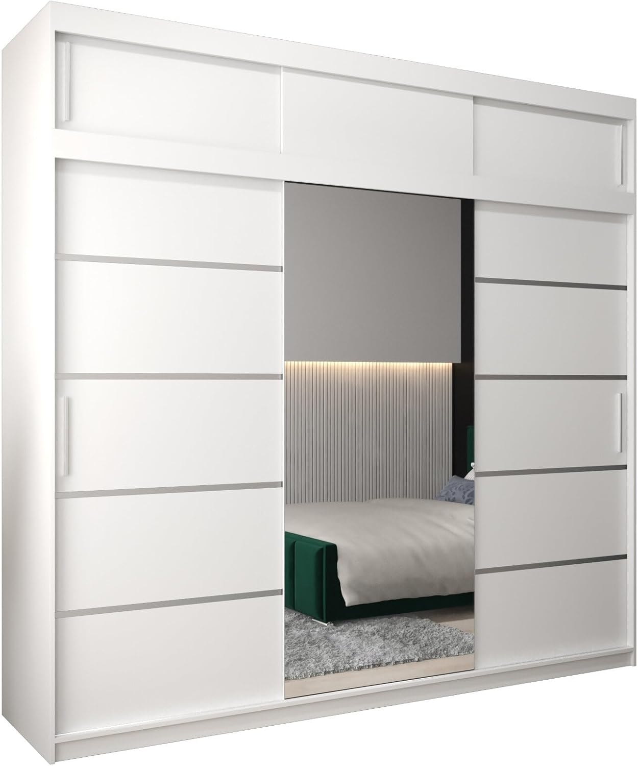 MEBLE KRYSPOL Kleiderschrank mit Spiegel Verona 2 - Garderobenschrank - Schrank Schlafzimmer - Mehrzweckschrank DREI Schiebetüren - Regalen - Flur Möbel - Kleiderstange Schrank - Allzweckschrank