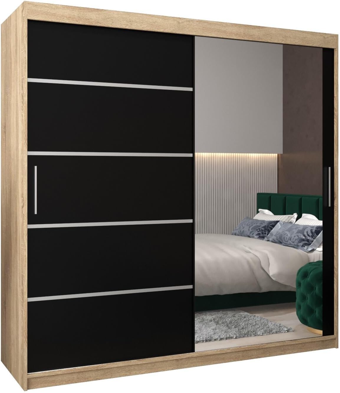 MEBLE KRYSPOL Kleiderschrank mit Spiegel Verona 2 - Garderobenschrank - Schrank Schlafzimmer - Mehrzweckschrank DREI Schiebetüren - Regalen - Flur Möbel - Kleiderstange Schrank - Allzweckschrank