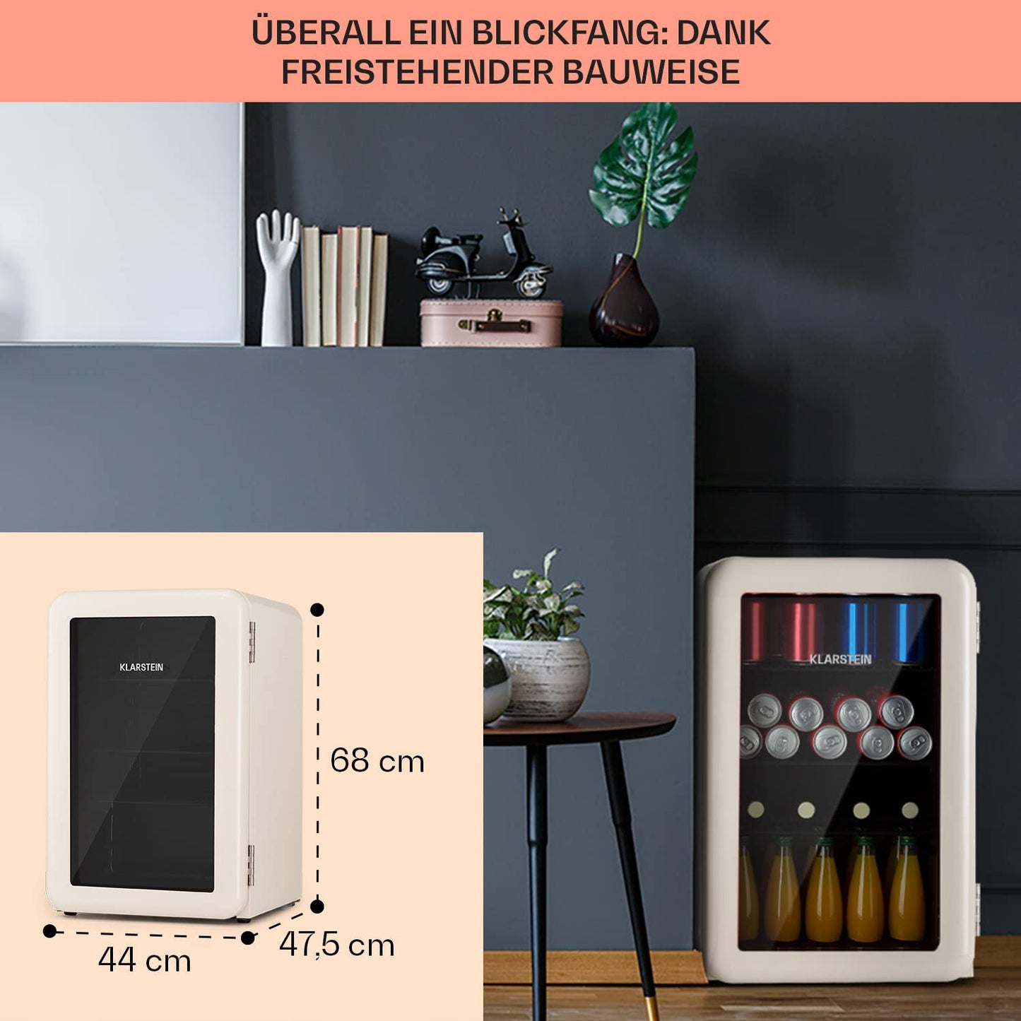 Klarstein PopLife Getränkekühler - Mini-Bar, Retrokühlschrank, 0-10°C, nur 39 dB, 115 L, umweltfreundlich, doppelt verglaste Tür, Retro-Design, rot