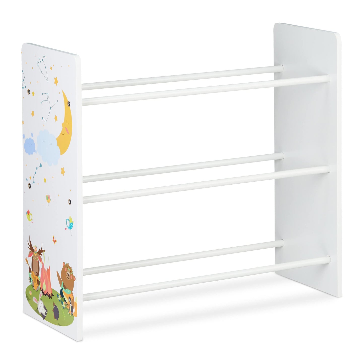 Relaxdays Kinderregal, 9 Aufbewahrungsboxen, Lagerfeuer Motiv, MDF, Kunststoff, Spielzeugregal HBT: 67x65x31,5 cm, bunt