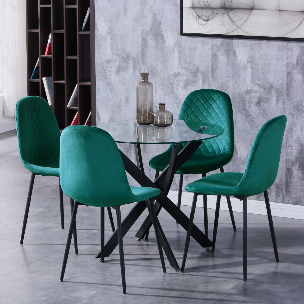 GOLDFAN Dining Table with 4 Chairs Dining Table Round Glass Kitchen Table Dining Room Chair Velvet 80 cm Green