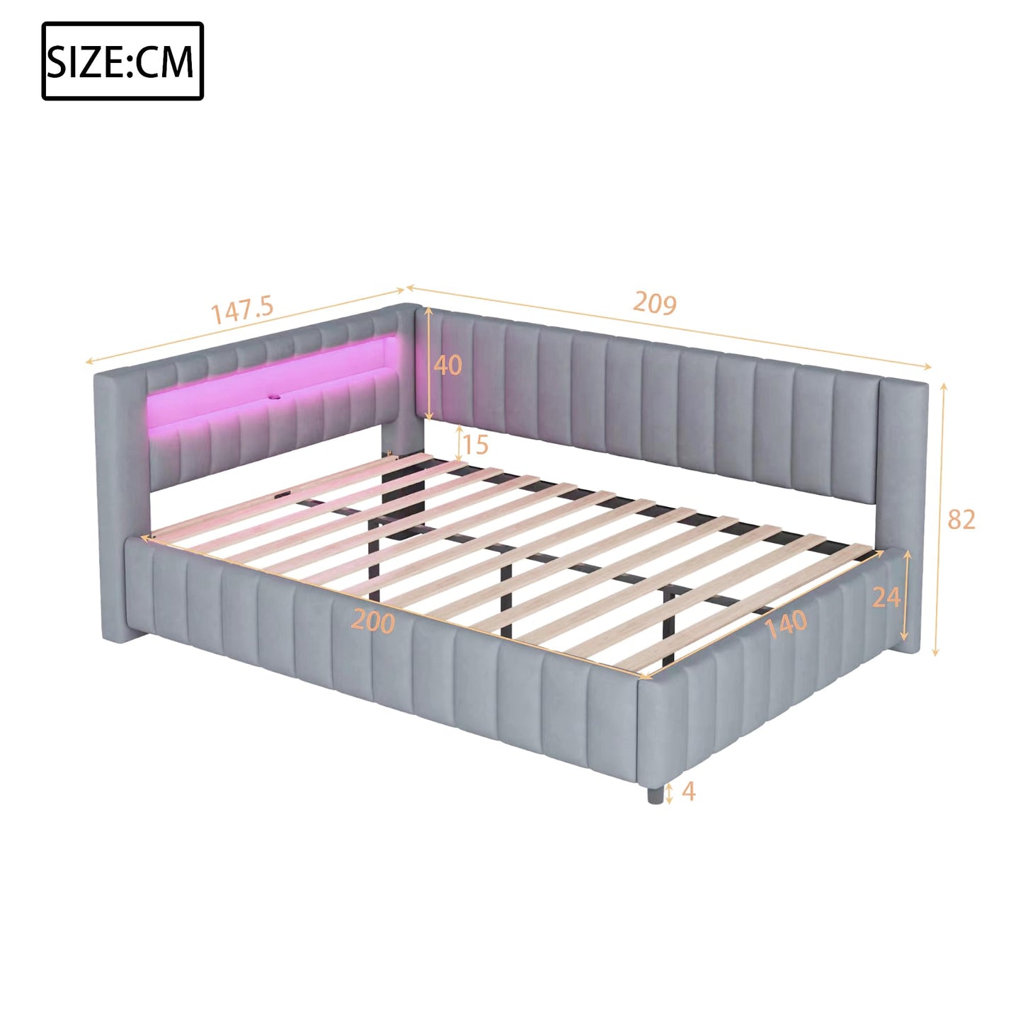 KEYIDE Upholstered Sofa Bed, 140 x 200 cm with LED Lighting and USB Charging, Bed Frame with Wooden Slatted Frame, Day Bed, Guest Bed, Youth Bed, Velvet Fabric, Without Mattress (Grey, 140 x 200)