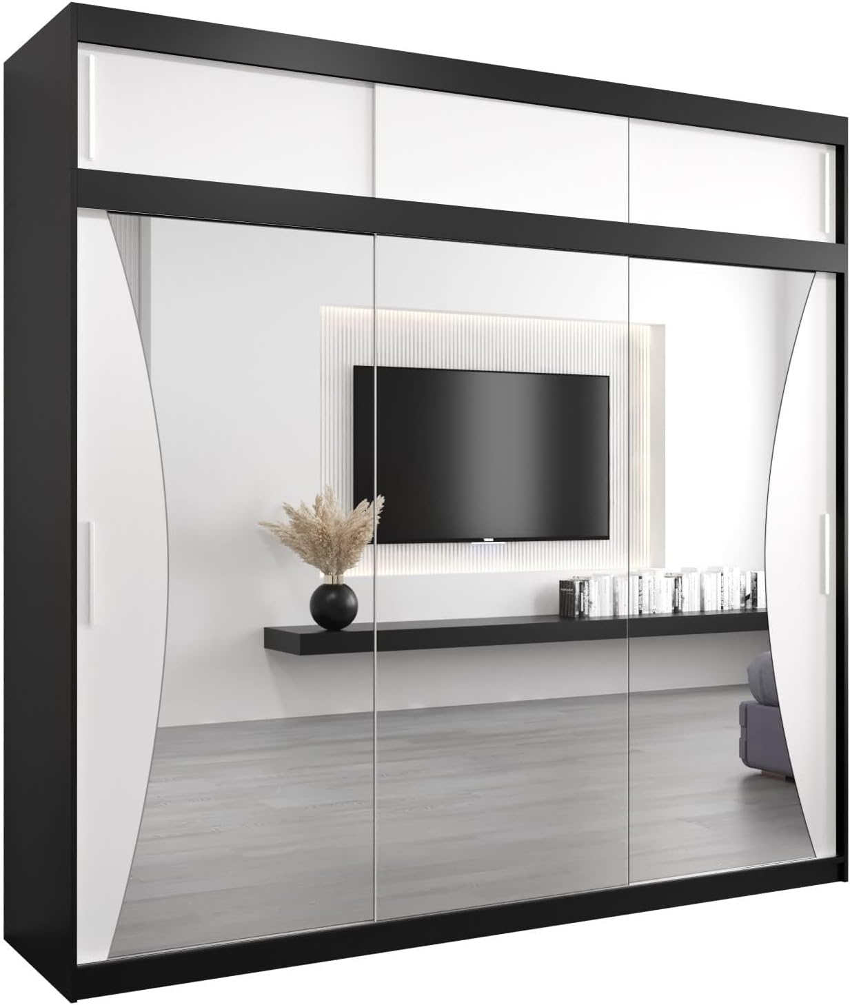 MEBLE KRYSPOL Kleiderschrank mit Spiegel Monaco - Garderobenschrank - Schrank Schlafzimmer - Mehrzweckschrank DREI Schiebetüren - Regalen - Flur Möbel - Kleiderstange Schrank - Allzweckschrank