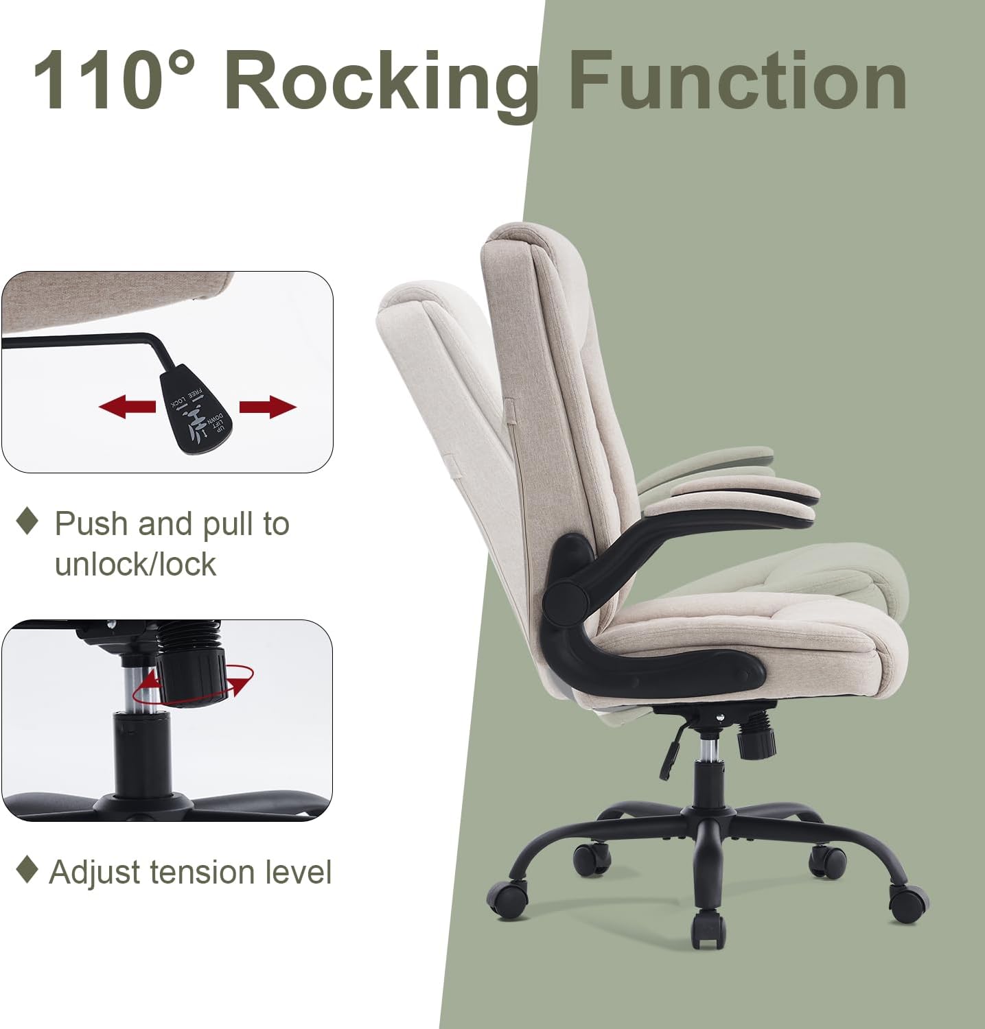 CASTLOVE Bürostuhl Ergonomisch Schreibtischstuhl Chefsessel Mit Gepolsterten Armlehnen Klappbar, H?henverstellung, Wippfunktion und Kopfstütze Bequem für Home-Office Bürostuhl 150kg Beige Stoff