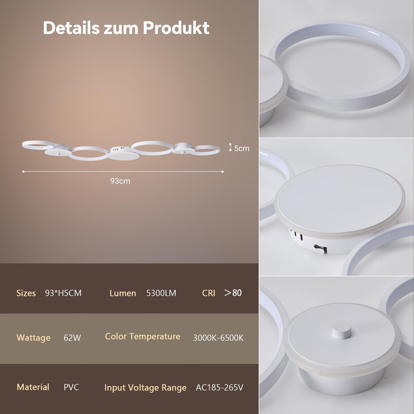 BAYHT Deckenleuchte LED Wohnzimmerlampe Weiße Runde LED Deckenlamp Dimmbar 62W 5300LM mit Fernbedienung 3000K-6500K Geeignet für Wohnzimmer, Deckenleuchte Schlafzimmer