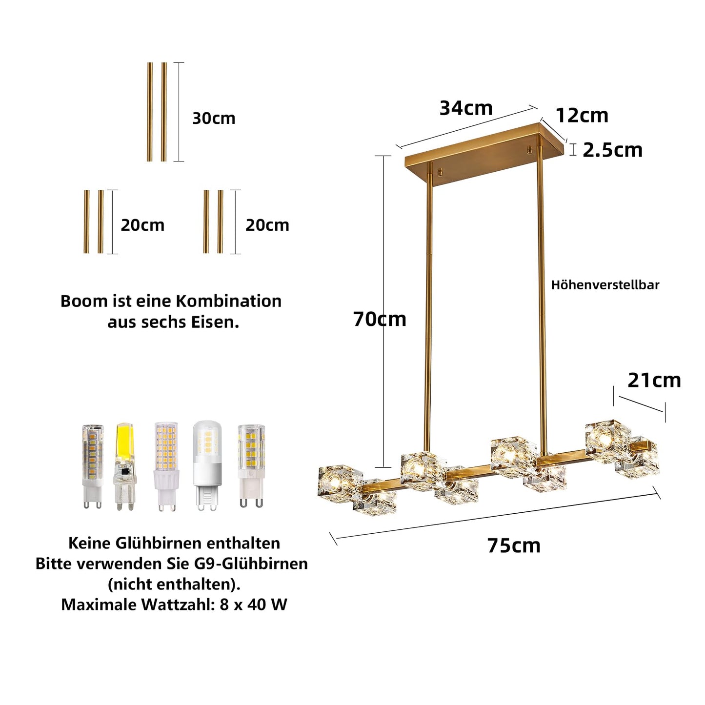 JUJUQI Moderne Kristall-Kronleuchter,Gold Hängeleuchte, K9 quadratischer Kristall Häengelampe mit 8 Lichtern,Würfel-Schirm, hängende Deckenleuchte für Esszimmer, Schlafzimmer, Wohnzimmer