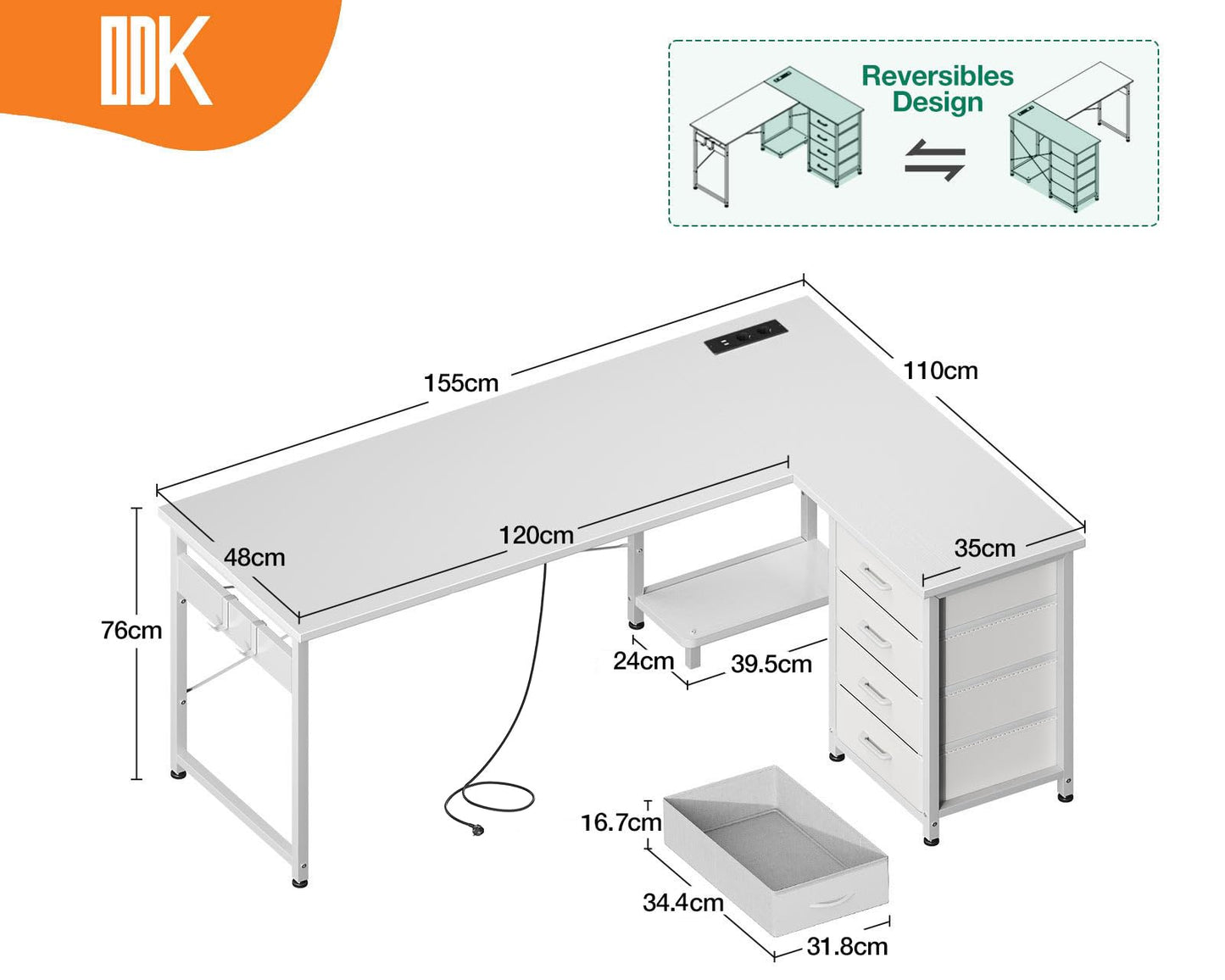 ODK Corner Desk with 4 Drawers, 135 x 100 cm, L Shape Desk with Socket and USB Charging Port, Reversible Desk with Storage Space for Home Office and Gaming, Black