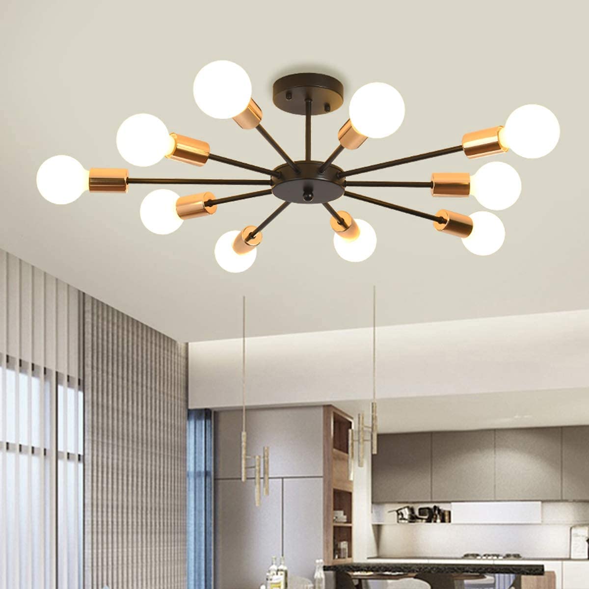 JIINOO 10 Lights Modern Chandelier Ceiling Light Gold Industrial Ceiling Lamp Medieval Semi Flush Mount Chandelier Ceiling Light for Kitchen Dining Room Living Room Bedroom Lighting