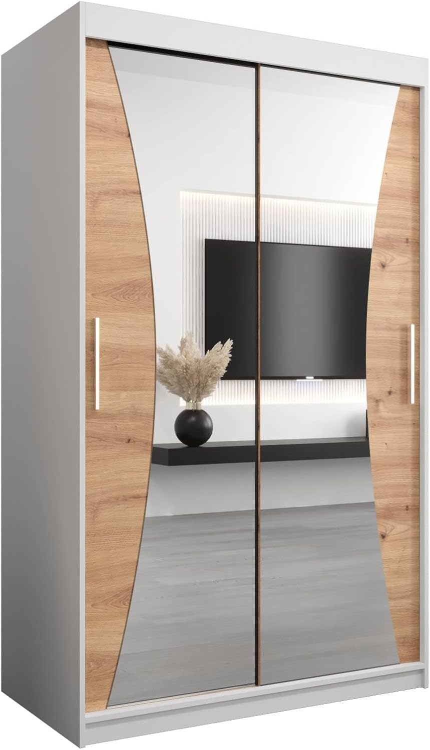MEBLE KRYSPOL Kleiderschrank mit Spiegel Monaco - Garderobenschrank - Schrank Schlafzimmer - Mehrzweckschrank DREI Schiebetüren - Regalen - Flur Möbel - Kleiderstange Schrank - Allzweckschrank