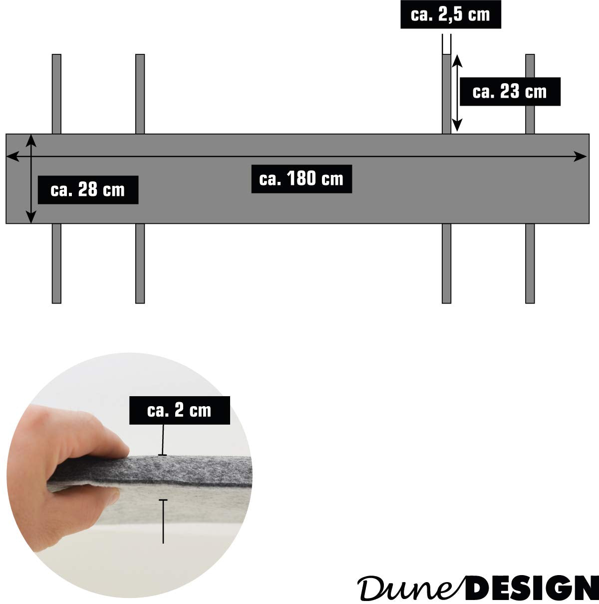 DuneDesign 2er Set: 180 cm Filz Bierbank Polster - 2 cm Dicke Bierbank Kissen zum Wenden - 180x28 Sitzauflagen Bierzeltgarnitur - Sitzpolster für Bierbänke Deko Bierzeltgarnitur Bierbankauflagen Set
