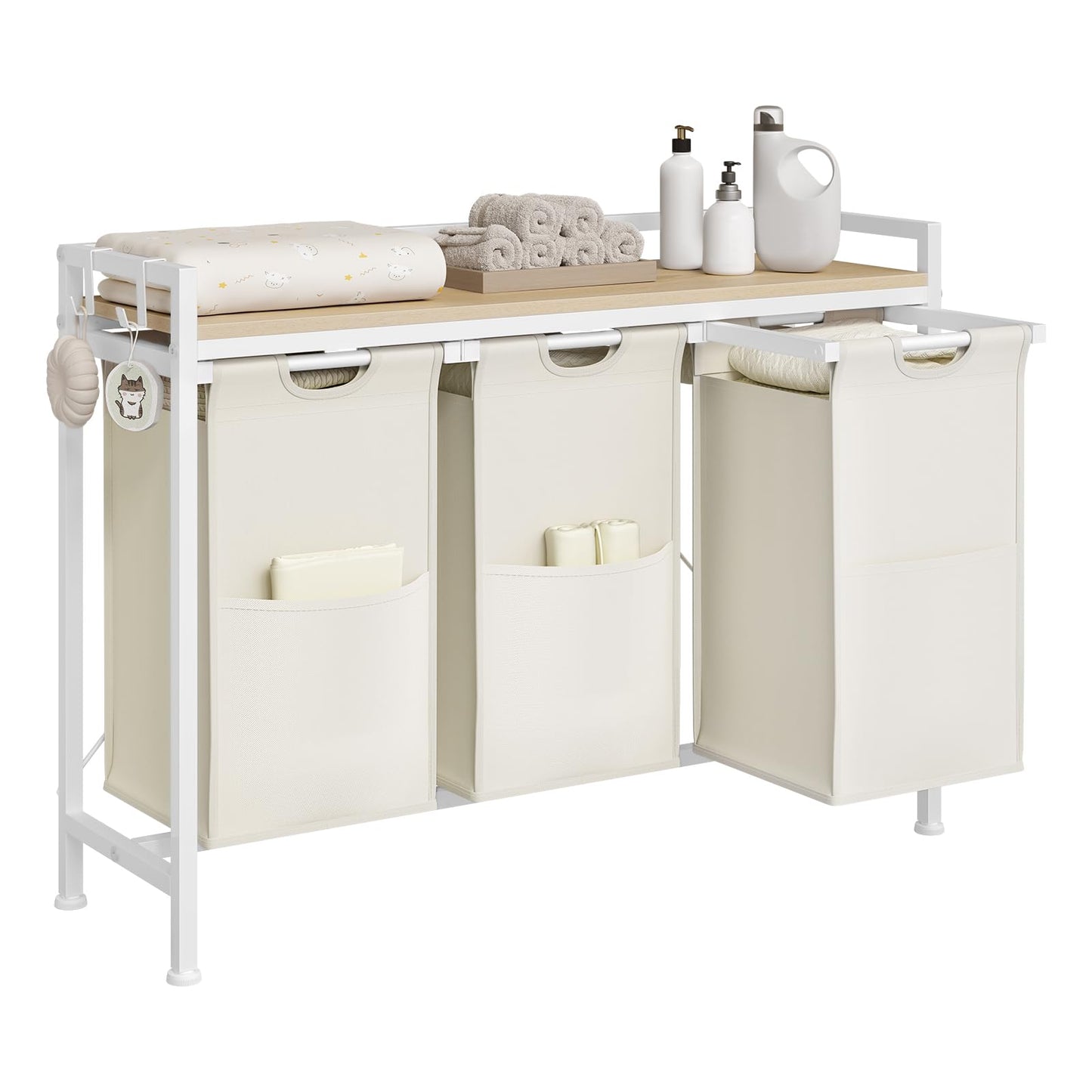 WOLTU Laundry Basket, 3 Compartments, Each 40 L, Laundry Hamper with Shelf Metal Frame, Oxford Fabric Laundry Bag, Extendable, Removable, Laundry Sorter, Laundry Container, White