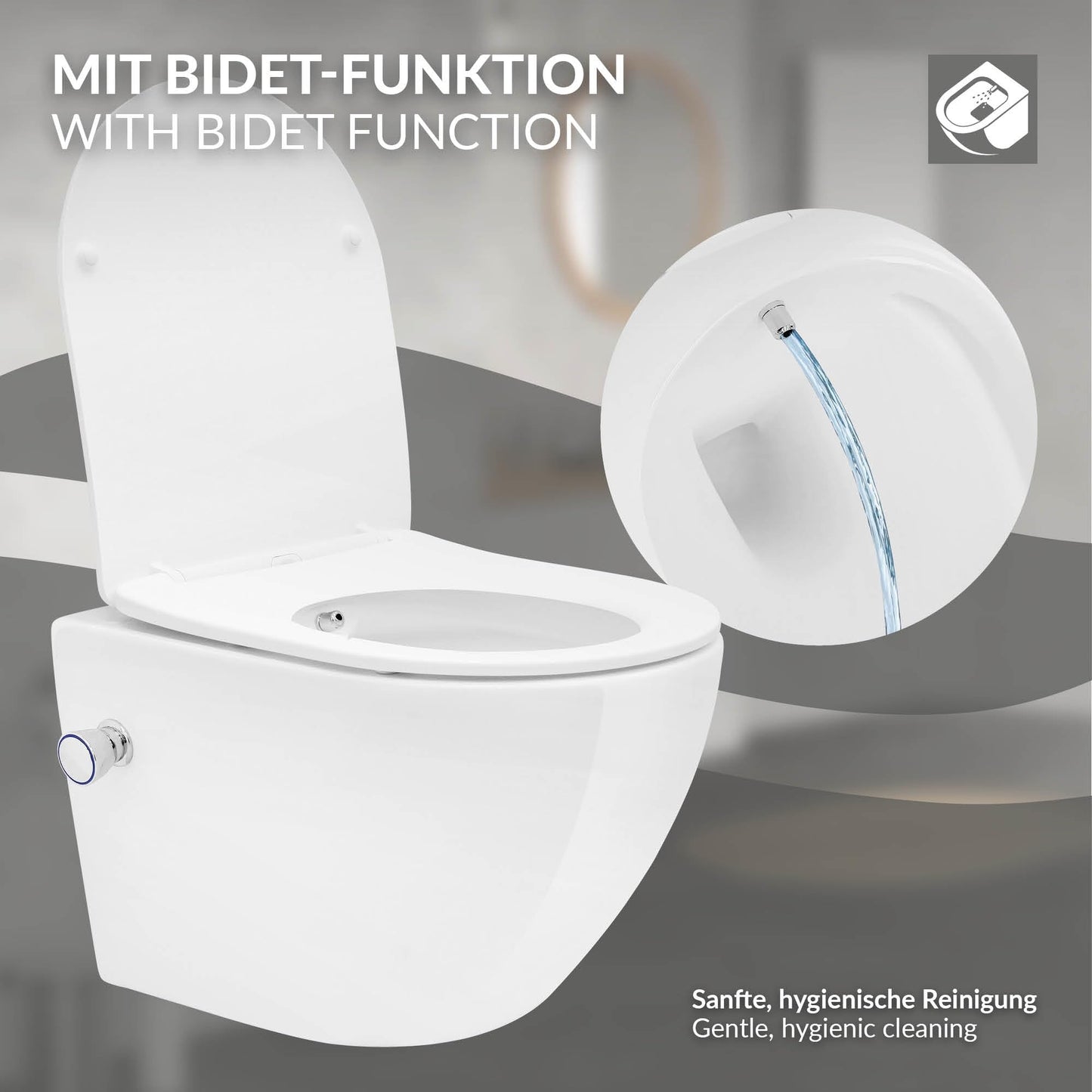 LuxeBath Wall-Mounted Toilet Rimless with Bidet Function, White, Deep Washdown Ceramic Hanging Toilet, Long 53.5 cm, Shower Toilet Nano Coating, Tornado Flush, Shiny Toilet Bowl Hanging with Toilet