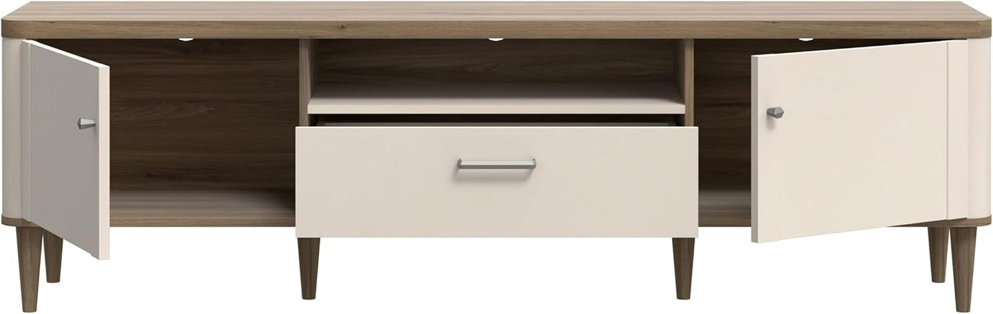 Forte Lacetti TV Cabinet 180, Modern Lowboard, Scandi Slats Design, 2 Doors, 1 Drawer, Wood Composite, Cashmere, Beige, Valencia Oak Wood Decor, 179.8 cm Wide x 53.3 cm High x 41.2 cm Deep
