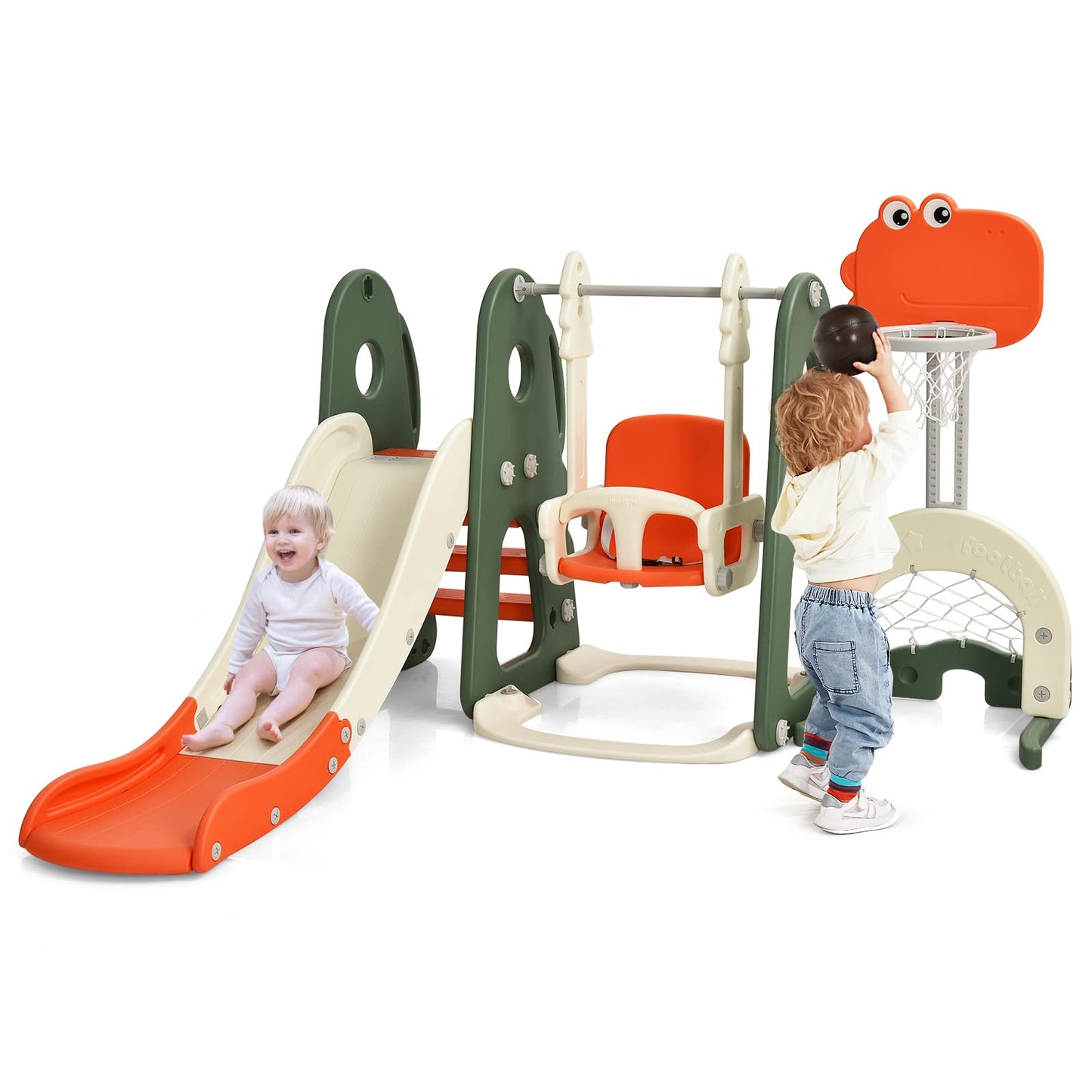 HOMASIS 6-in-1 Kinderrutsche mit Schaukel, Freistehende Rutsche & Schaukel & Basketballkorb & Kletterleiter & Fußballtor & Golfloch, Kinder Spielplatz für ab 3 Jahre Indoor & Outdoor (Orange+Grün)