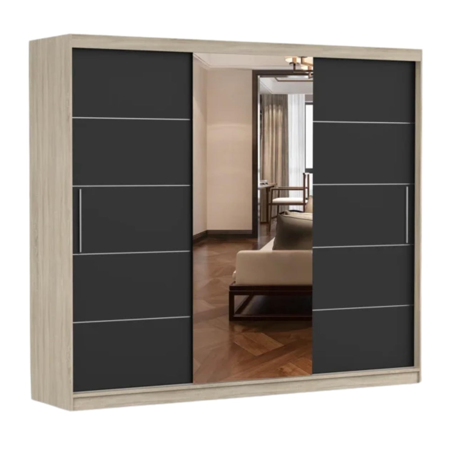 Fabryka Mebli Idźczak Kleiderschrank mit Spiegel, Schiebetüren - Weißer Schwebetürenschrank, Schlafzimmerschrank - 61 x 250 x 218 cm - Schrank für Schlafzimmer, Wohnzimmer, Garderobe